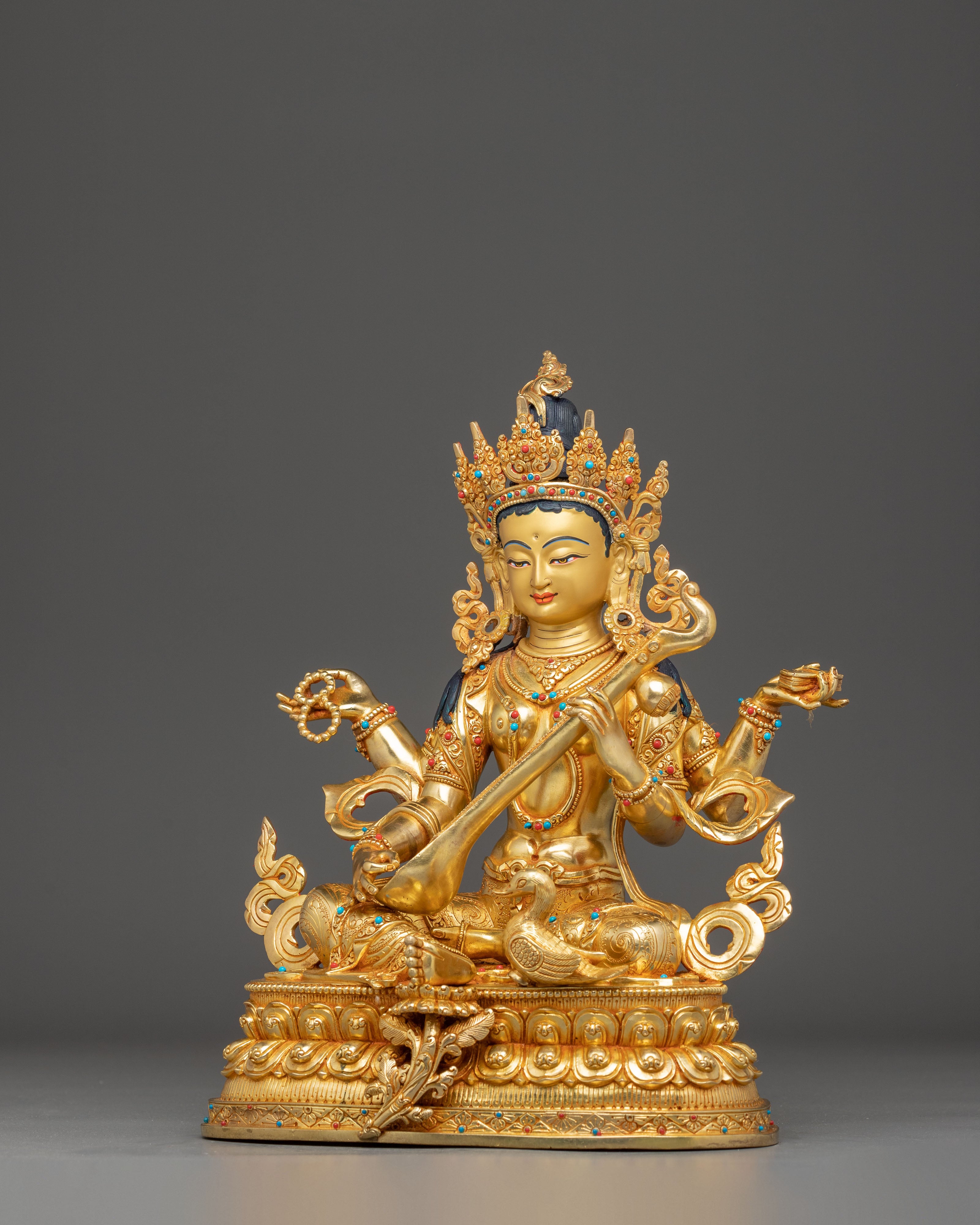 13.2 Inch Golden Saraswati Statue | Goddess of Knowledge
