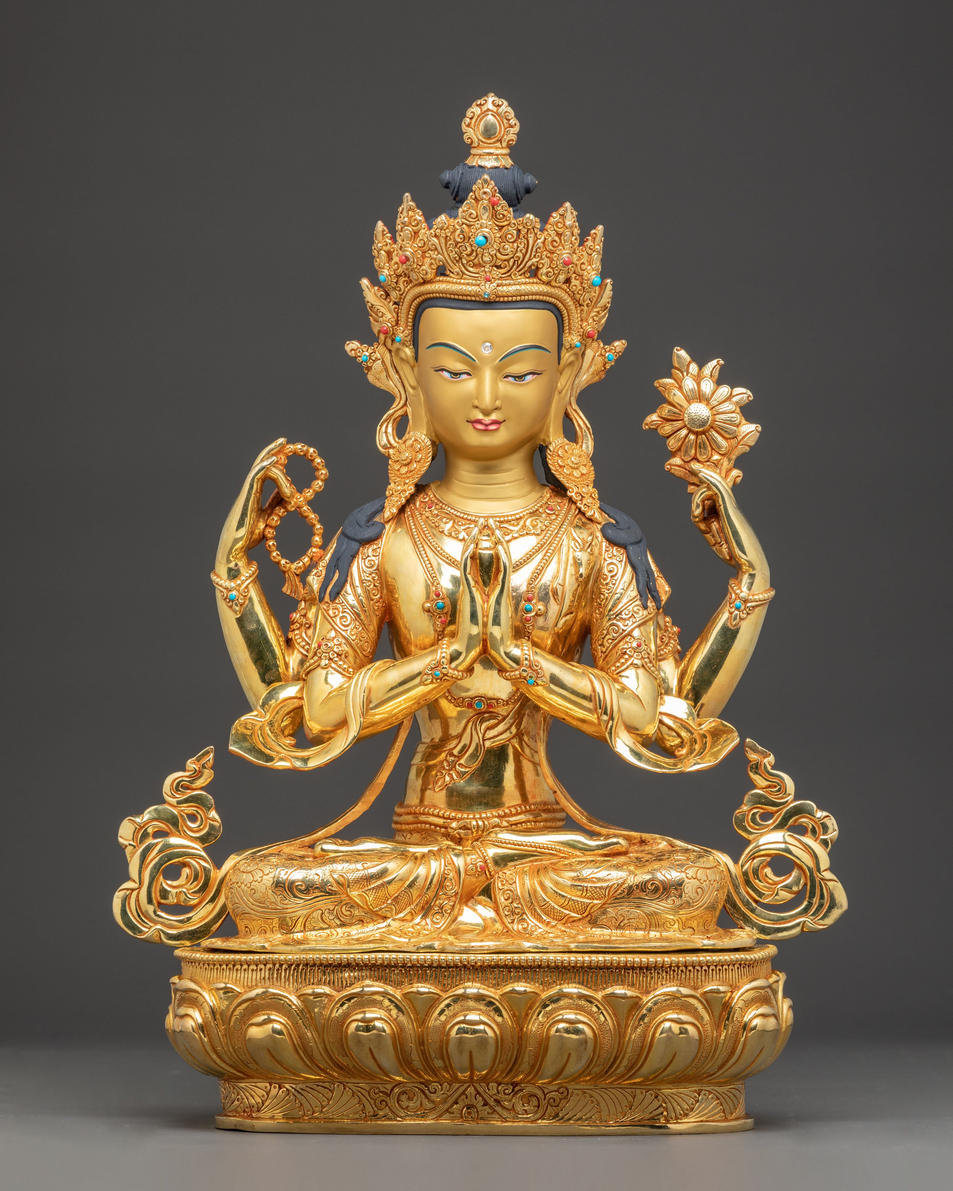 Handmade Golden Statue of Four-Armed Chenrezig