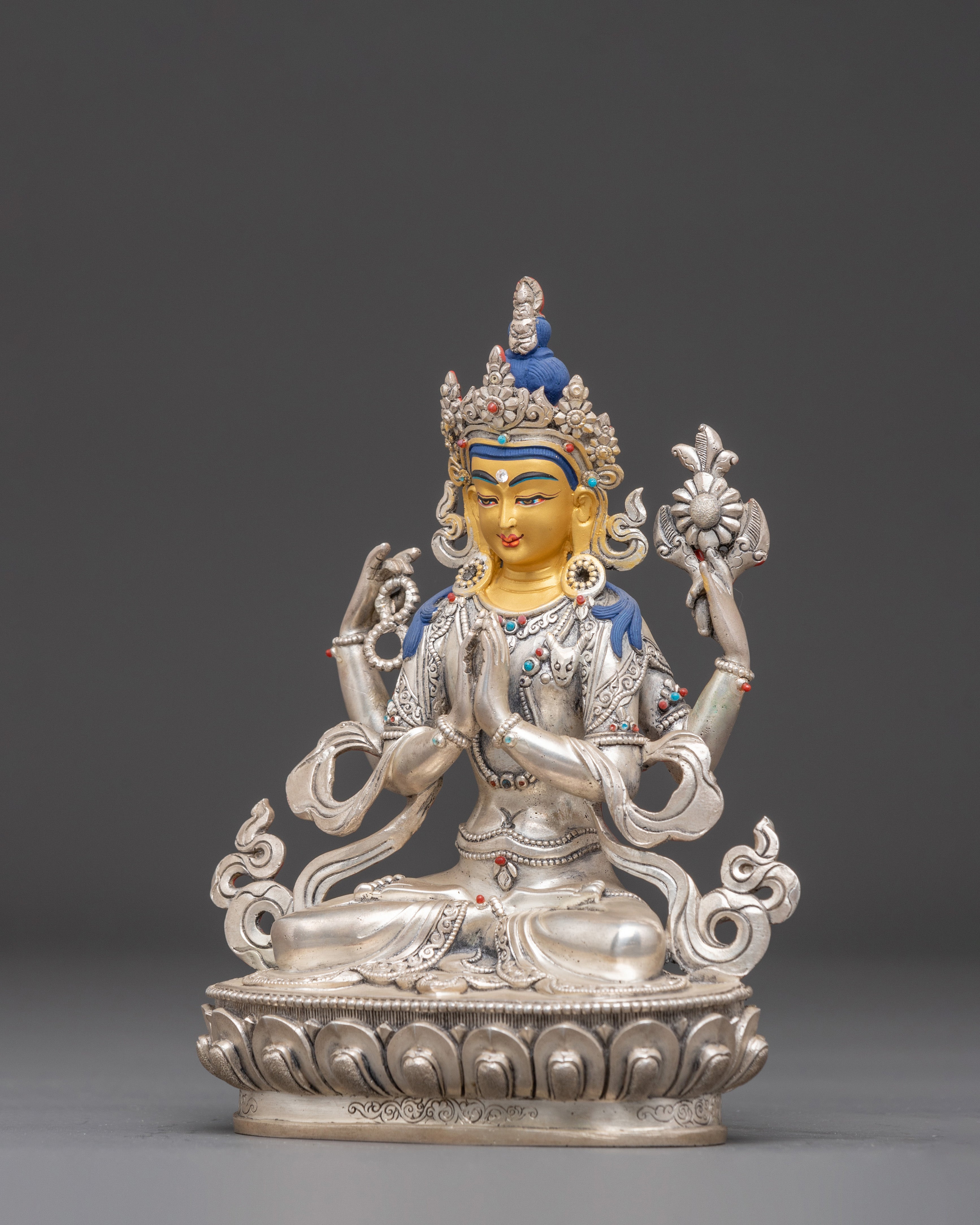 Four-Armed Chenrezig Silver Statue | Avalokiteshvara - Bodhisattva of Compassion