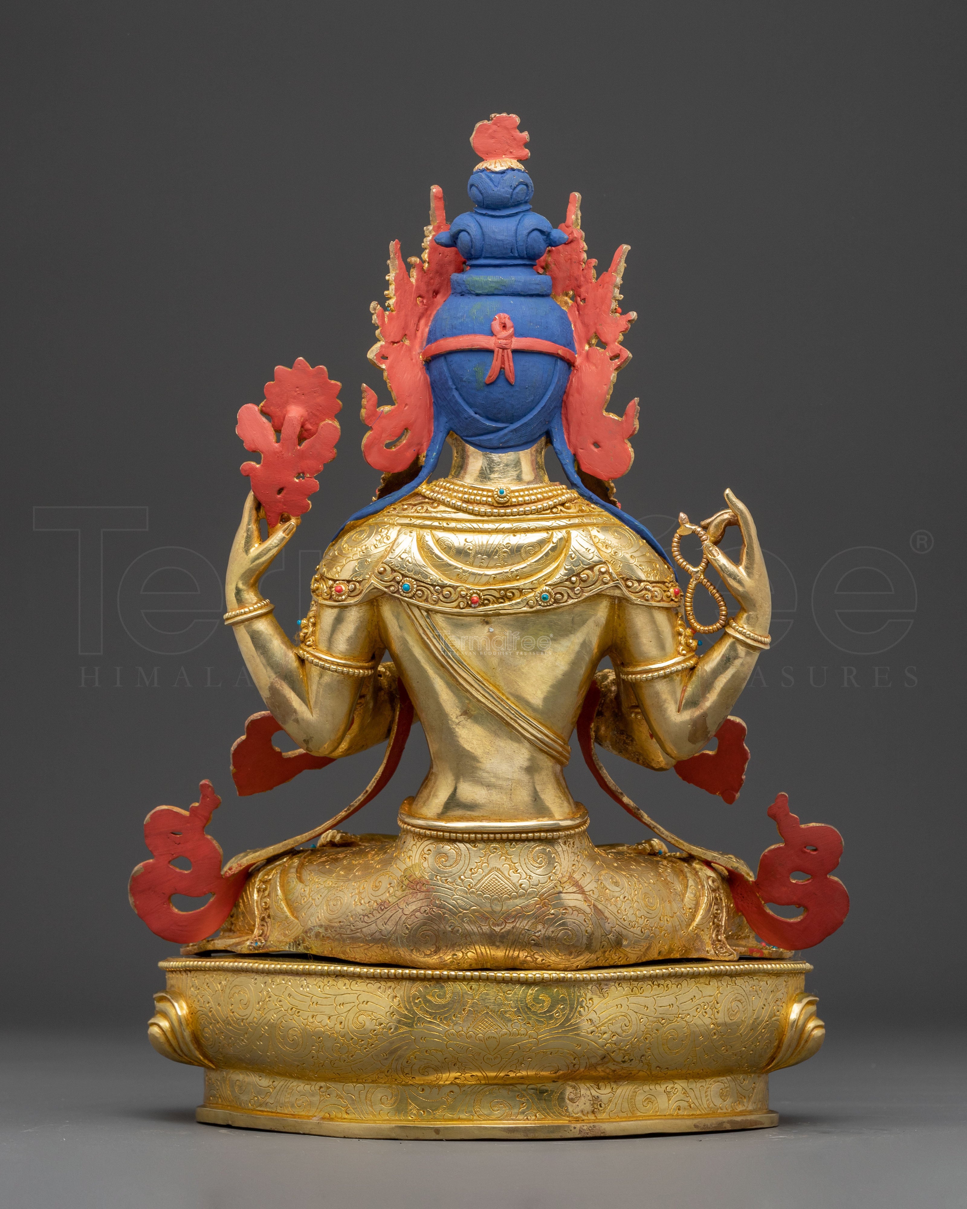 Handcrafted Golden Statue of Four Armed Chenrezig | Bodhisattva of Infinite Compassion