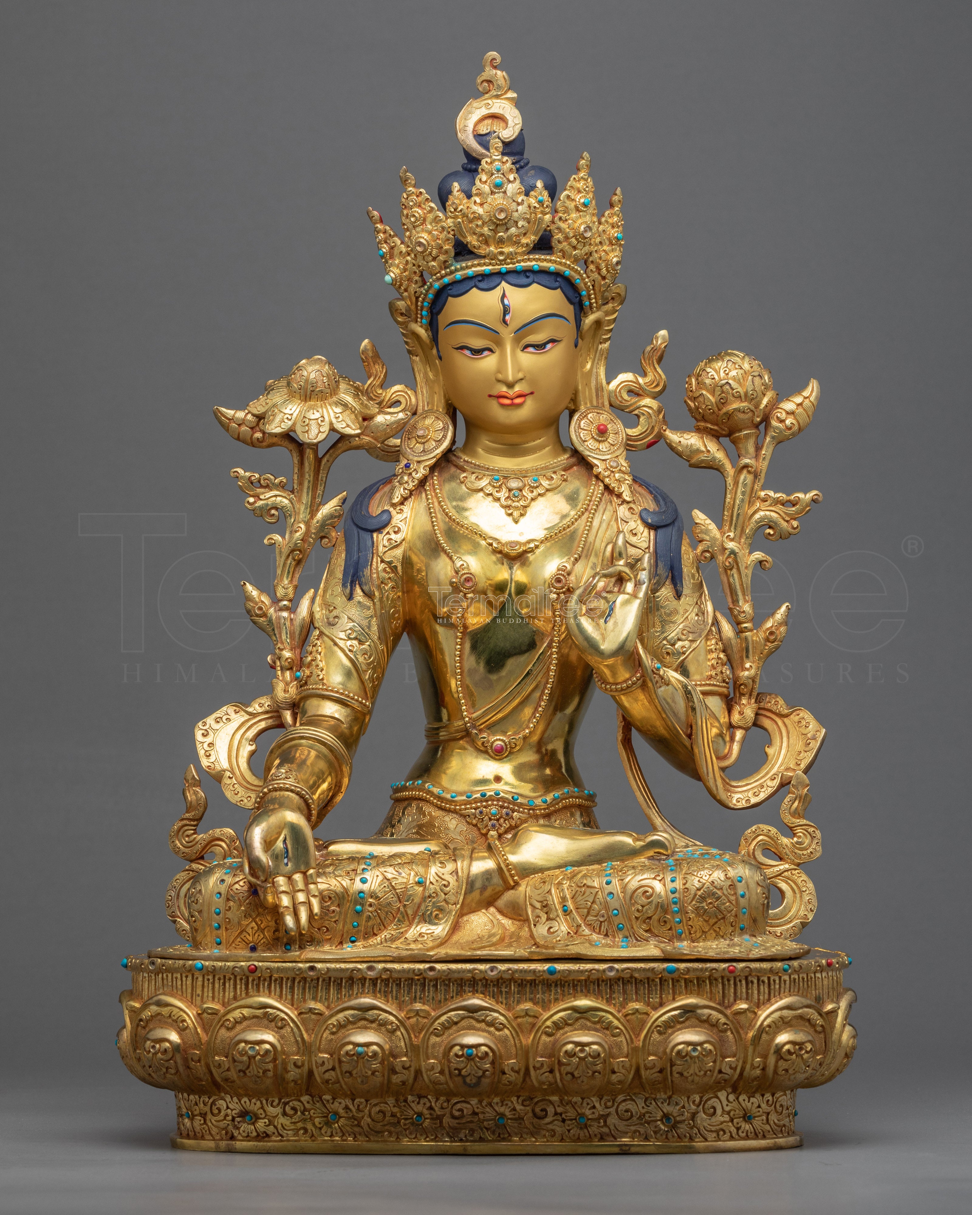 White Tara Symbolism Sculpture | Tibetan Art Plated with Gold - Termatree