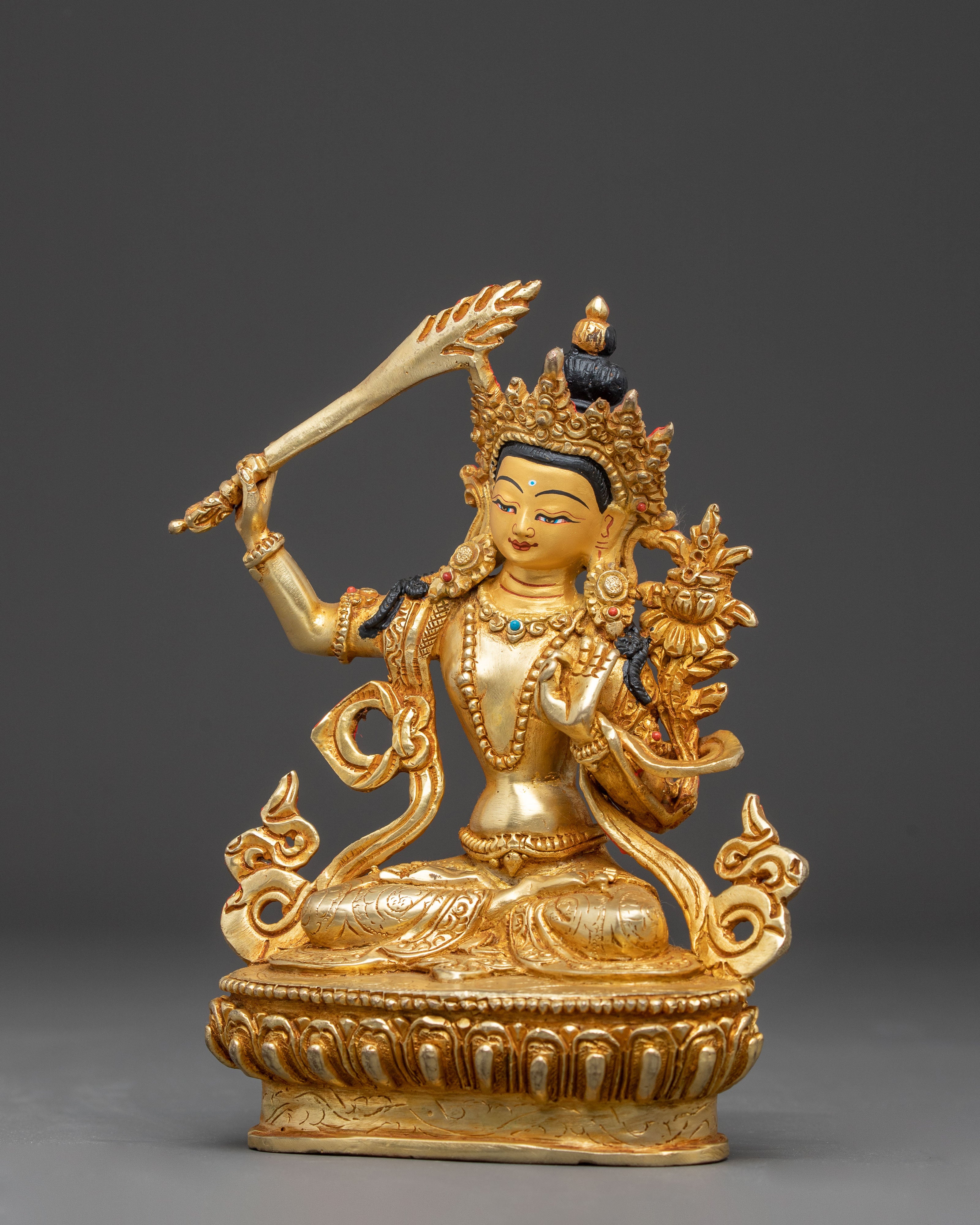 Bodhisatttva Manjushri Handcrafted Statue | 24k Gold Gilded Himalayan Sculpture