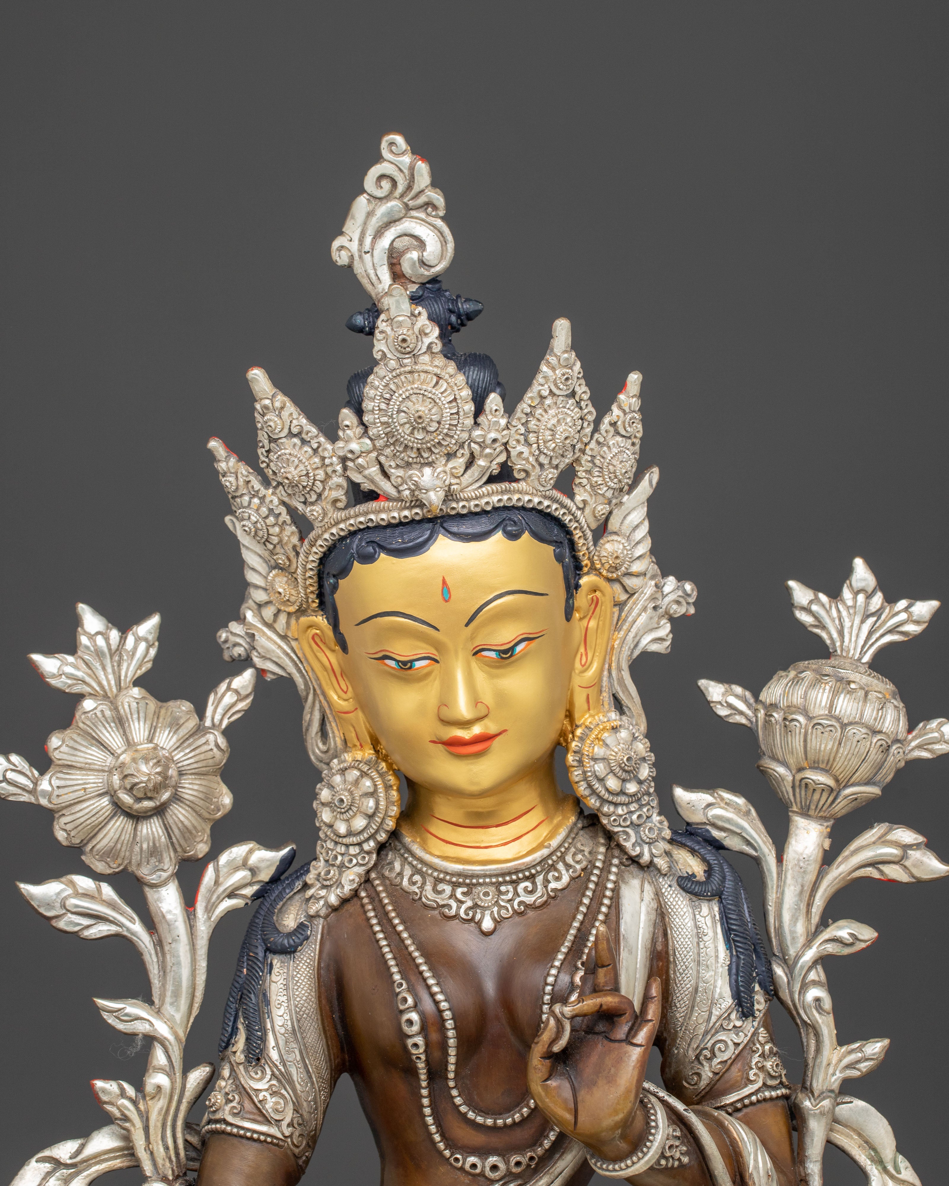 Silver-Plated Shyama Tara Copper Statue | Radiant Compassion