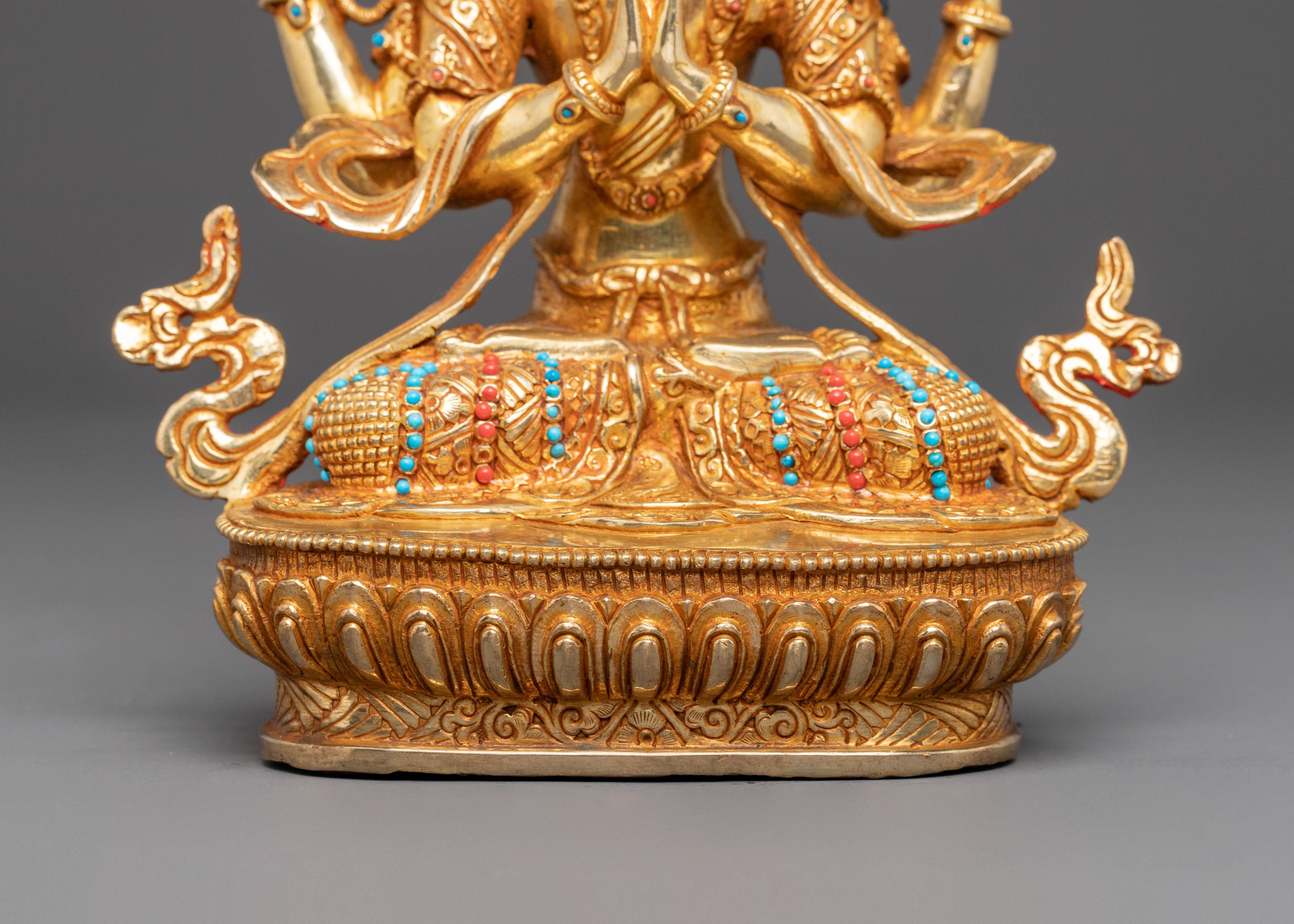 Handmade Golden Statue of Compassion Chenrezig | Tibetan Buddhist Sculpture