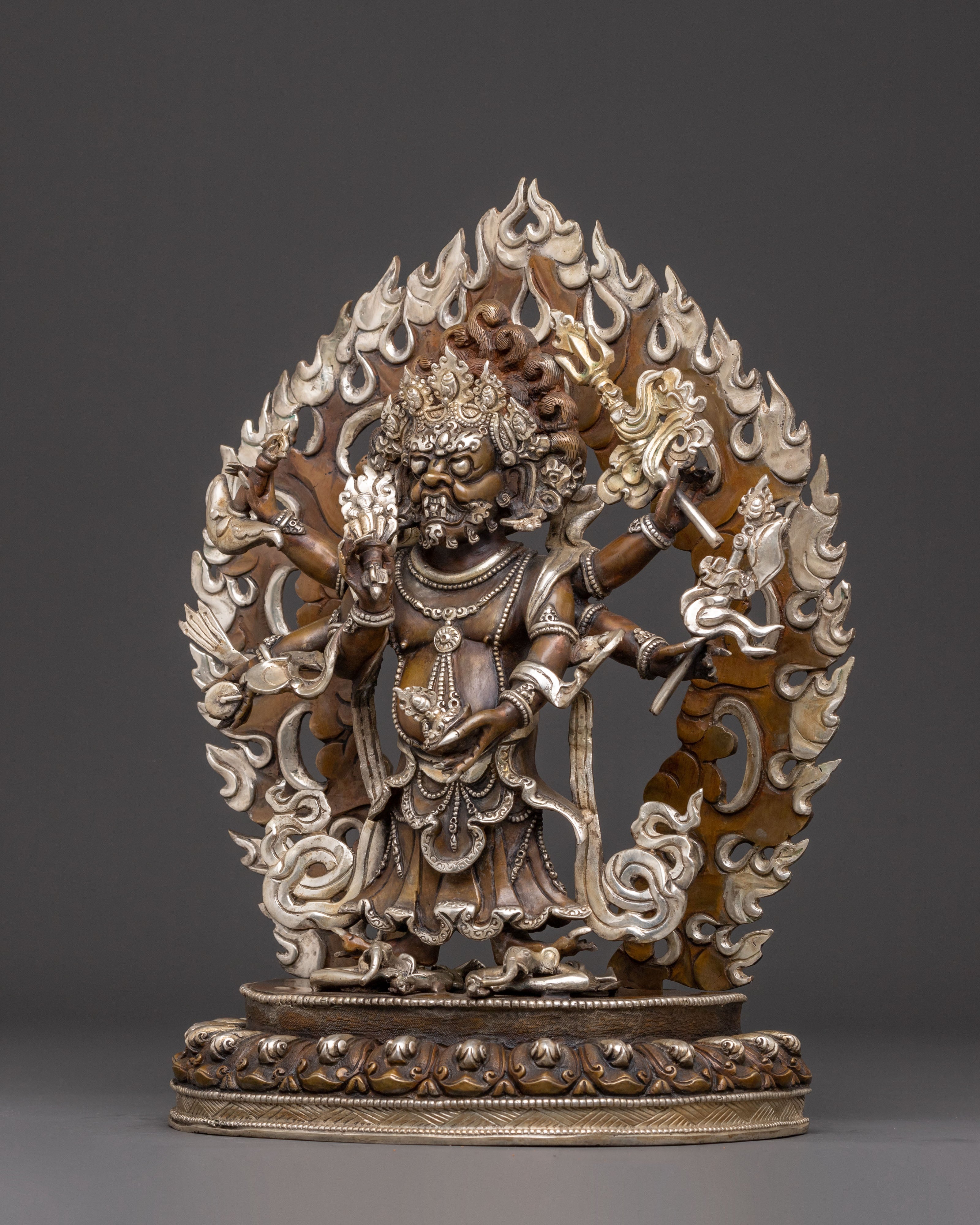 Handmade White Mahakala Oxidized Copper Statue – Guardian of Abundance