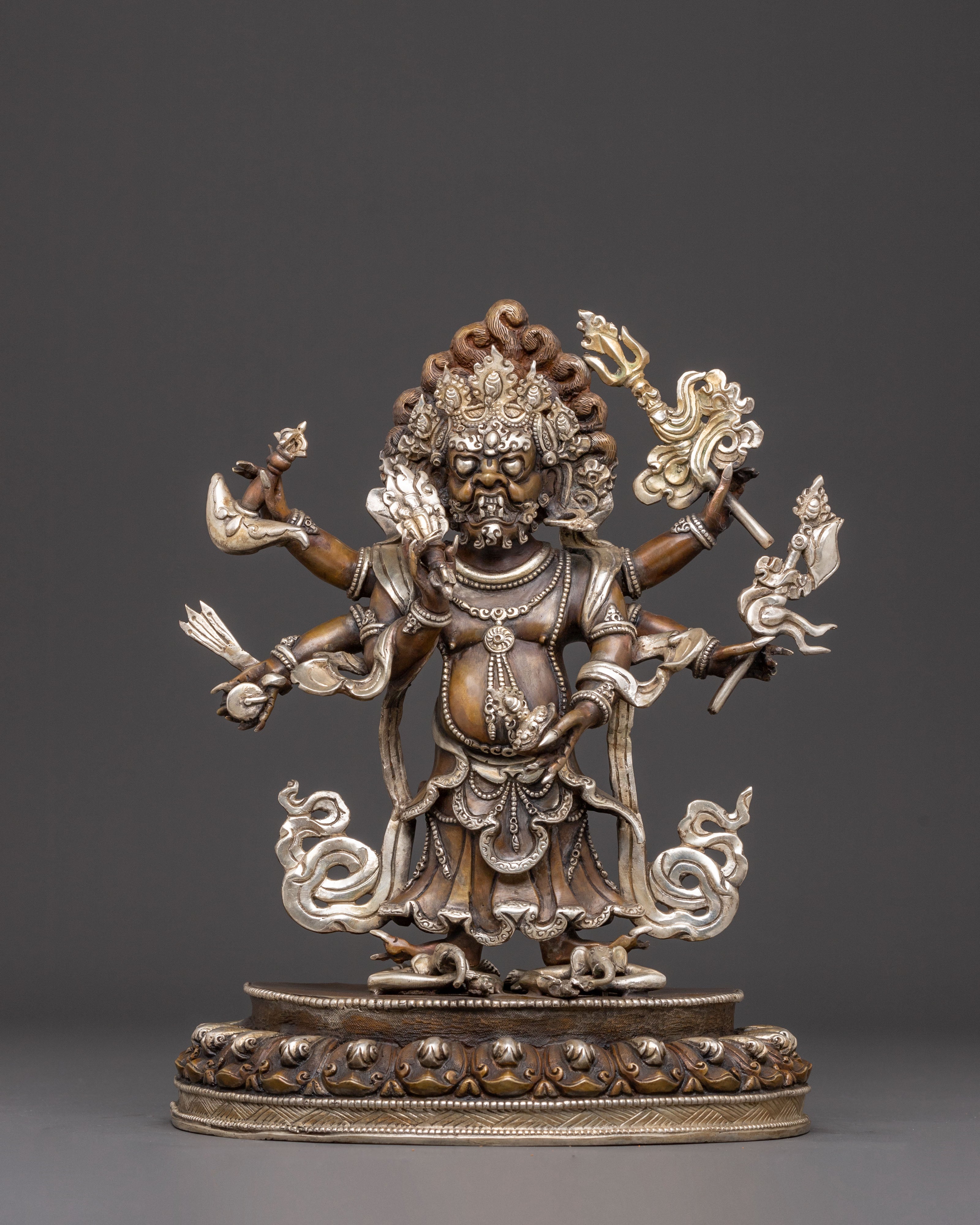 Handmade White Mahakala Oxidized Copper Statue – Guardian of Abundance