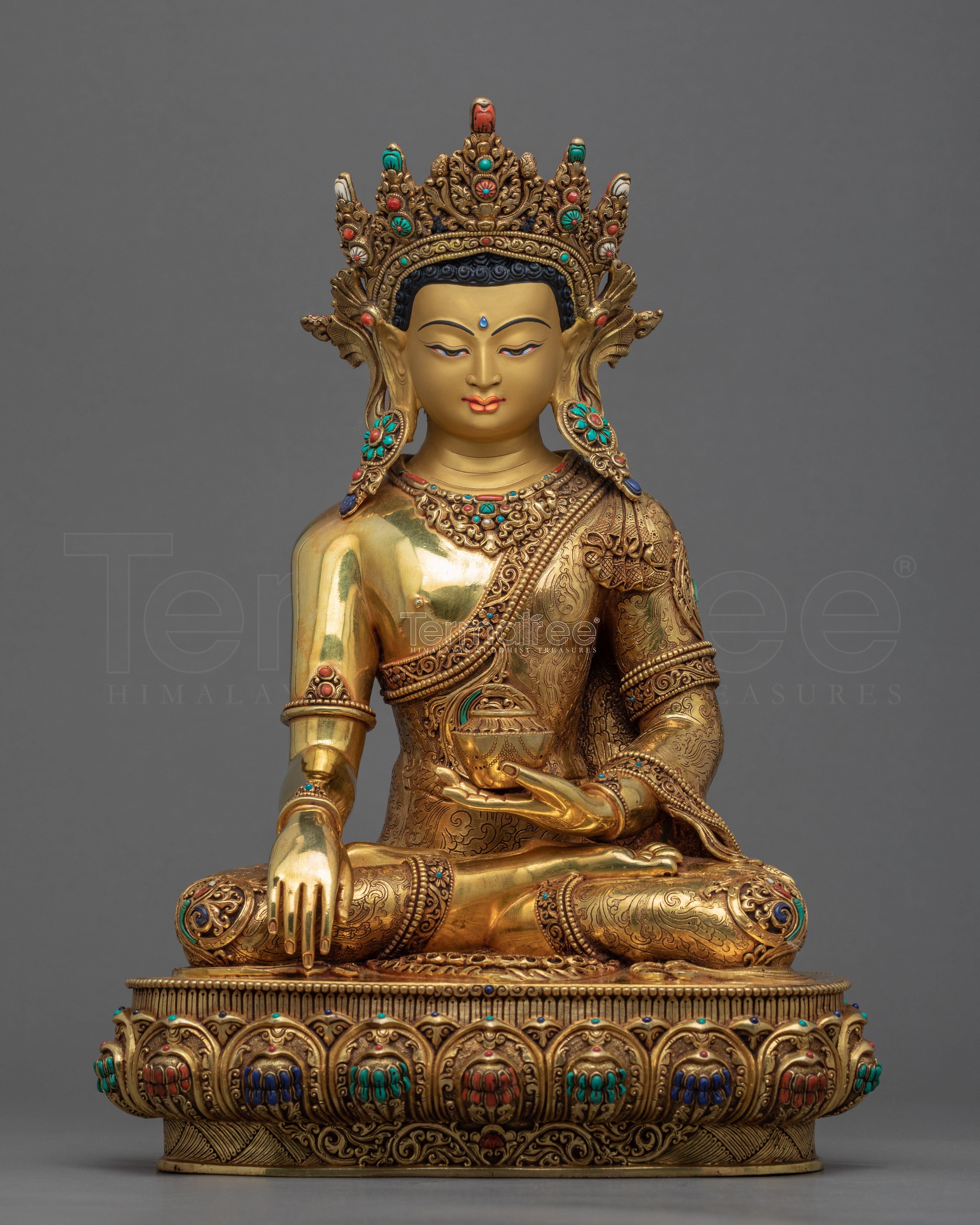 Crowned Blessing Buddha Sculpture | Hand-Painted Buddhist Deity Painting