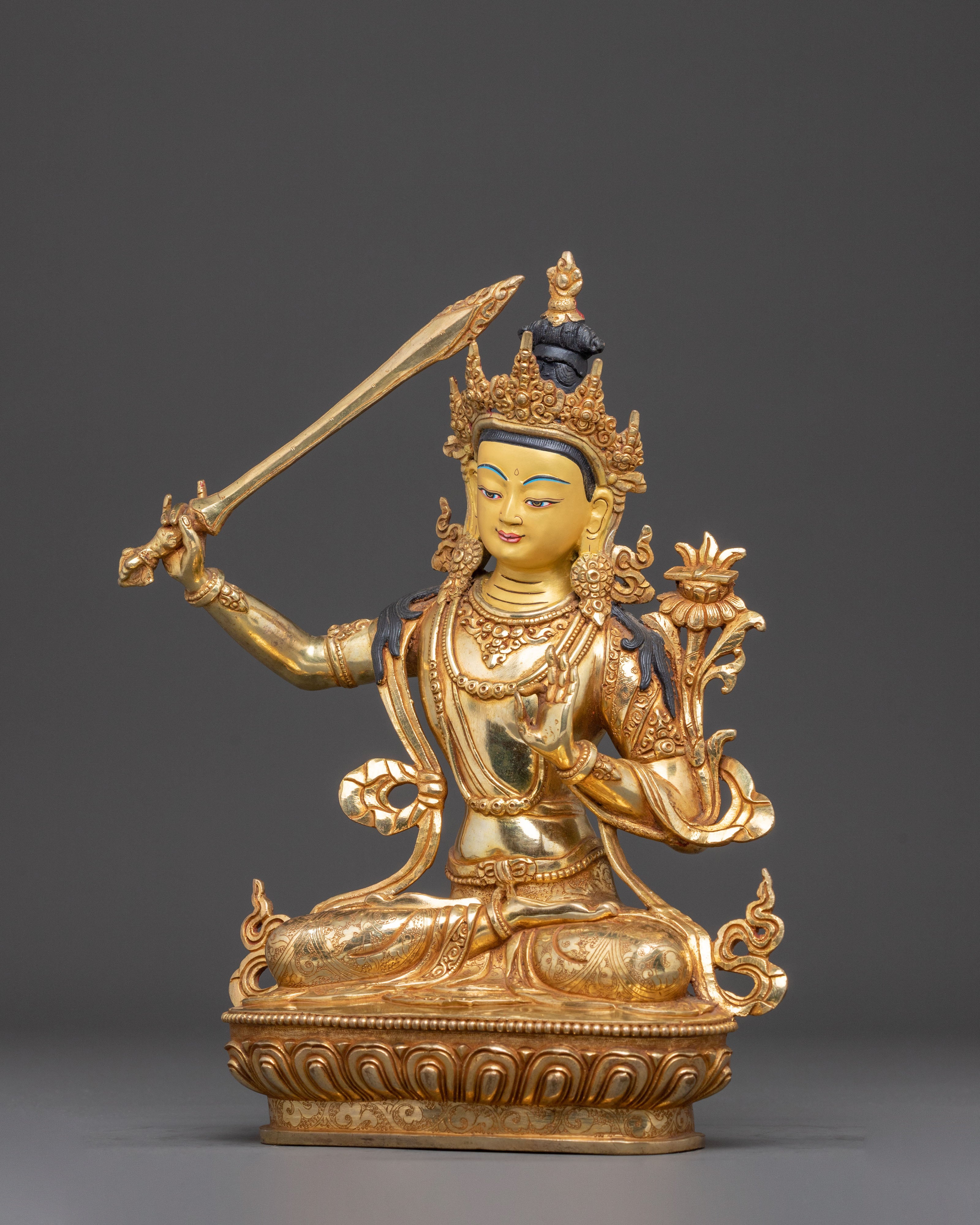 Handmade Manjushri Buddhist Statue: 24K Gold Gilded