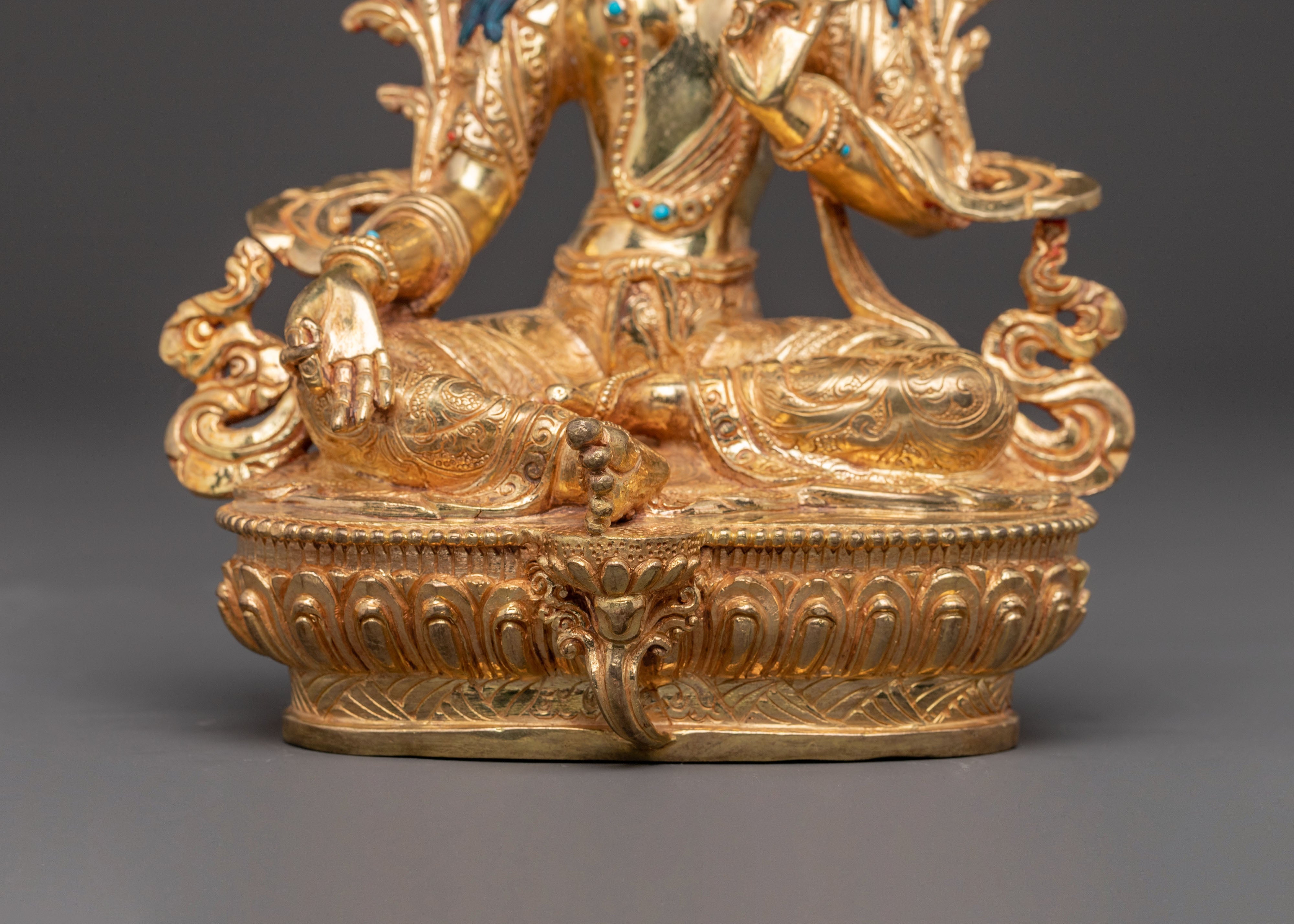 Green Tara Handmade Statue of Love and Compassion - Gilded Copper Art