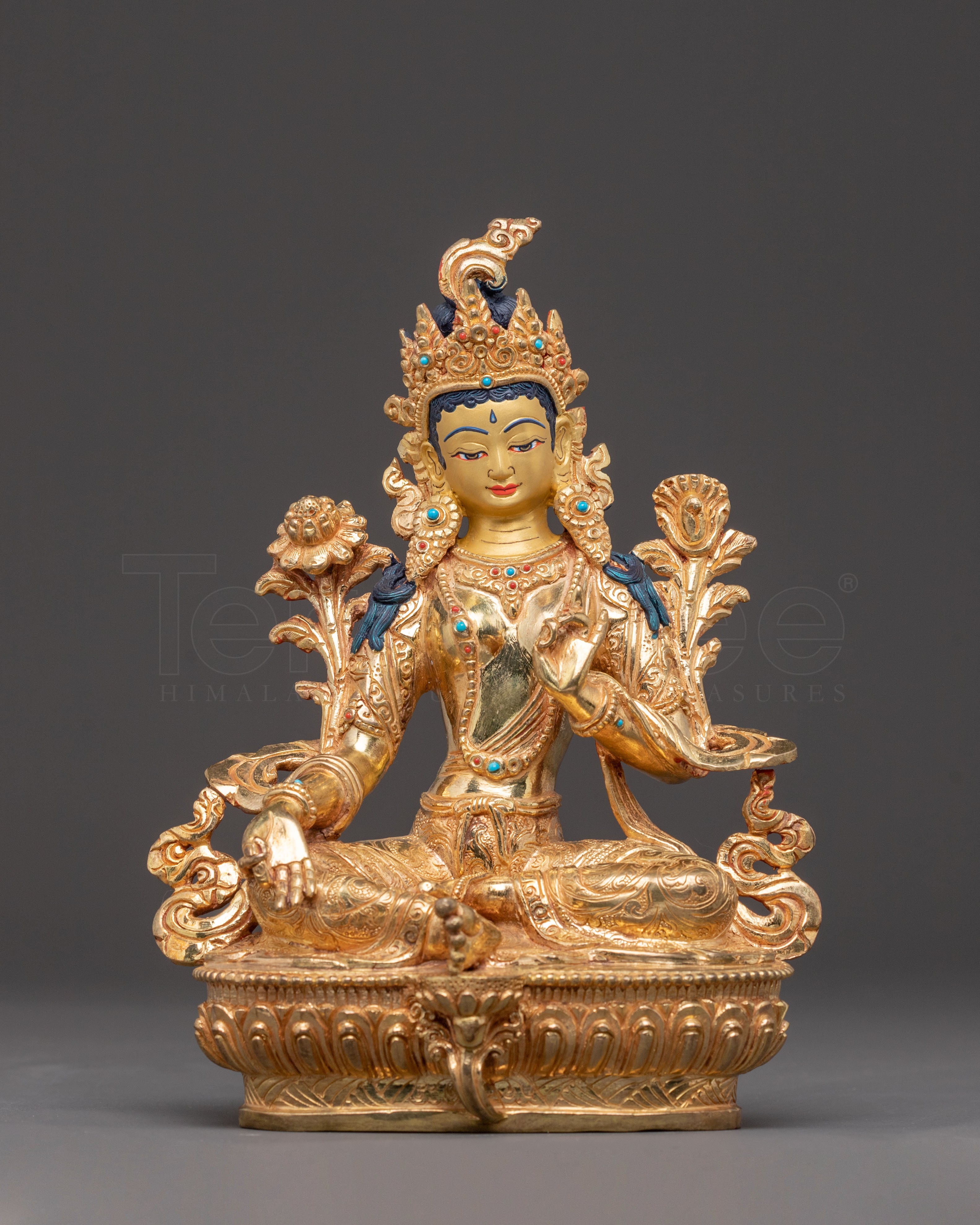 Green Tara Handmade Statue of Love and Compassion - Gilded Copper Art