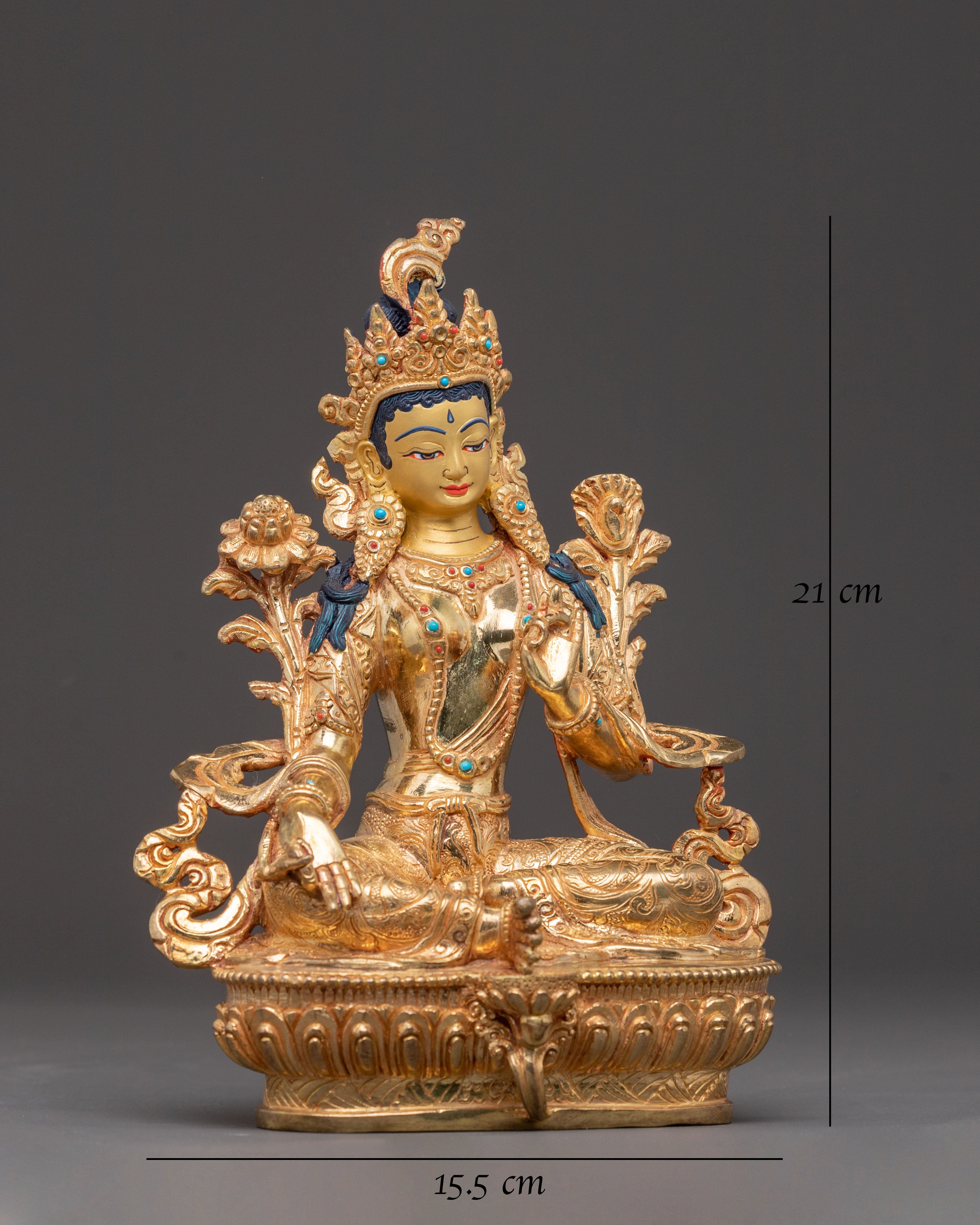 Green Tara Handmade Statue of Love and Compassion - Gilded Copper Art
