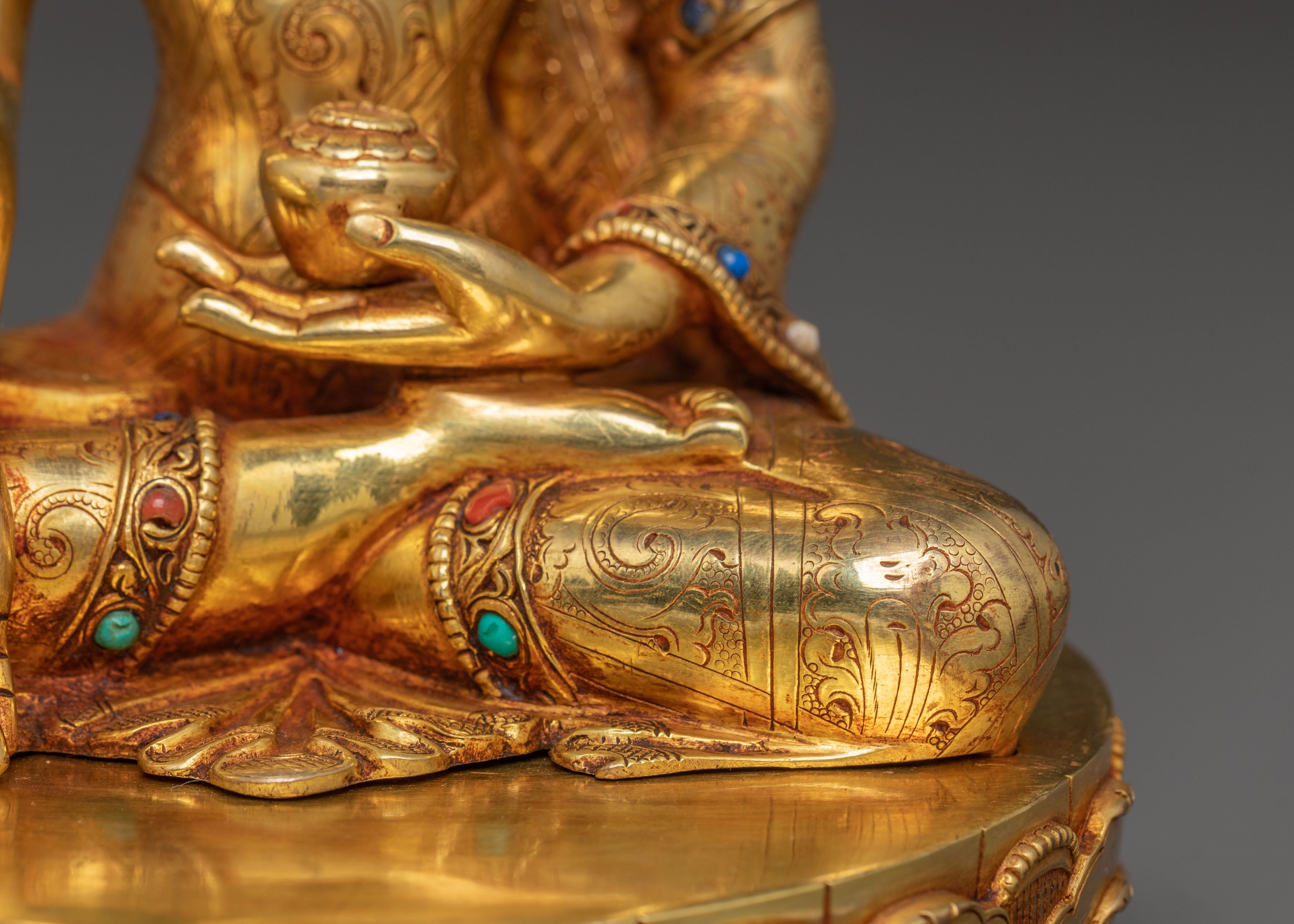 Handmade Statue of Healing Buddha - Exquisite Gilded Copper Art