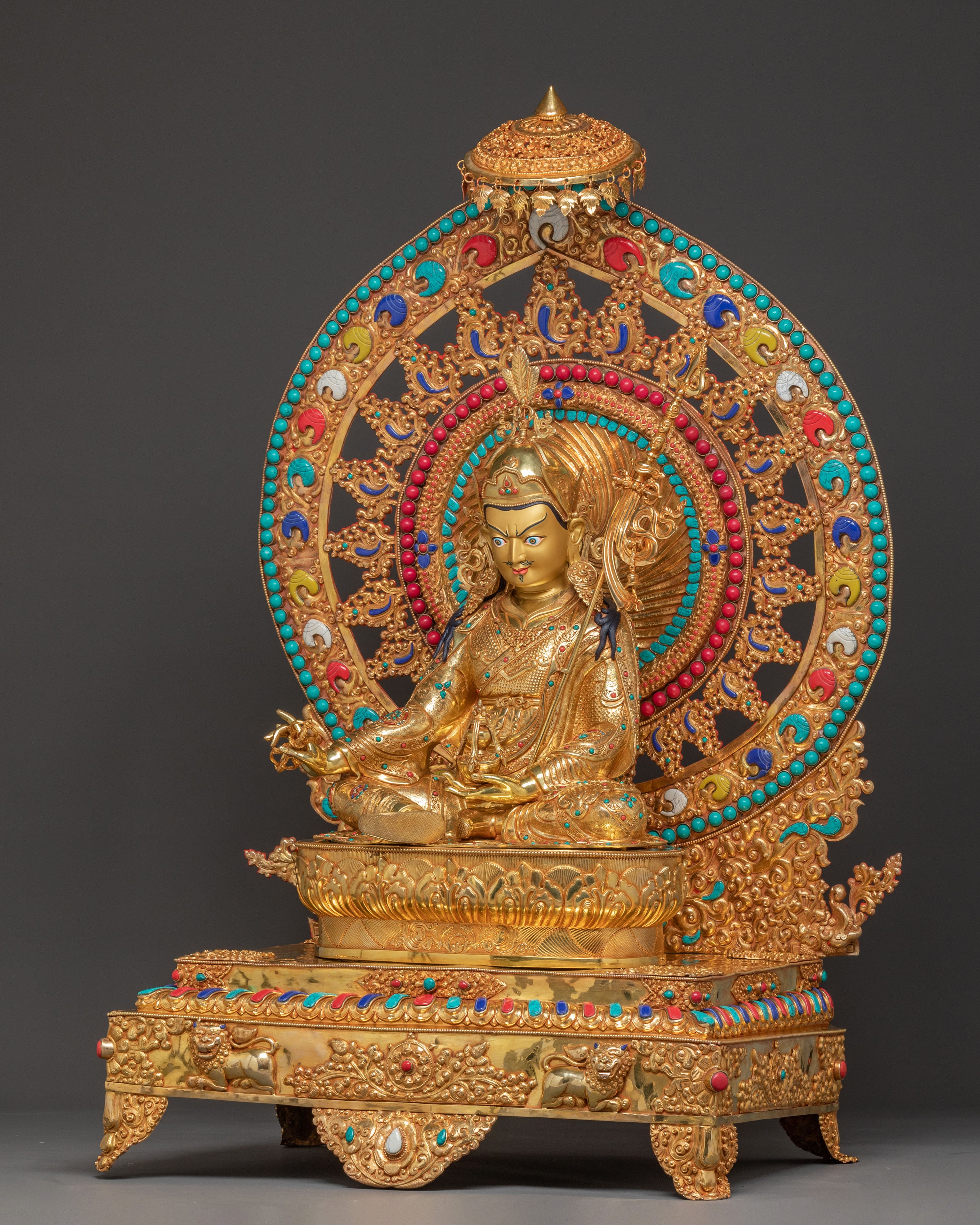 Radiant Guru Rinpoche Statue with Torana - 24k Gold Gilded