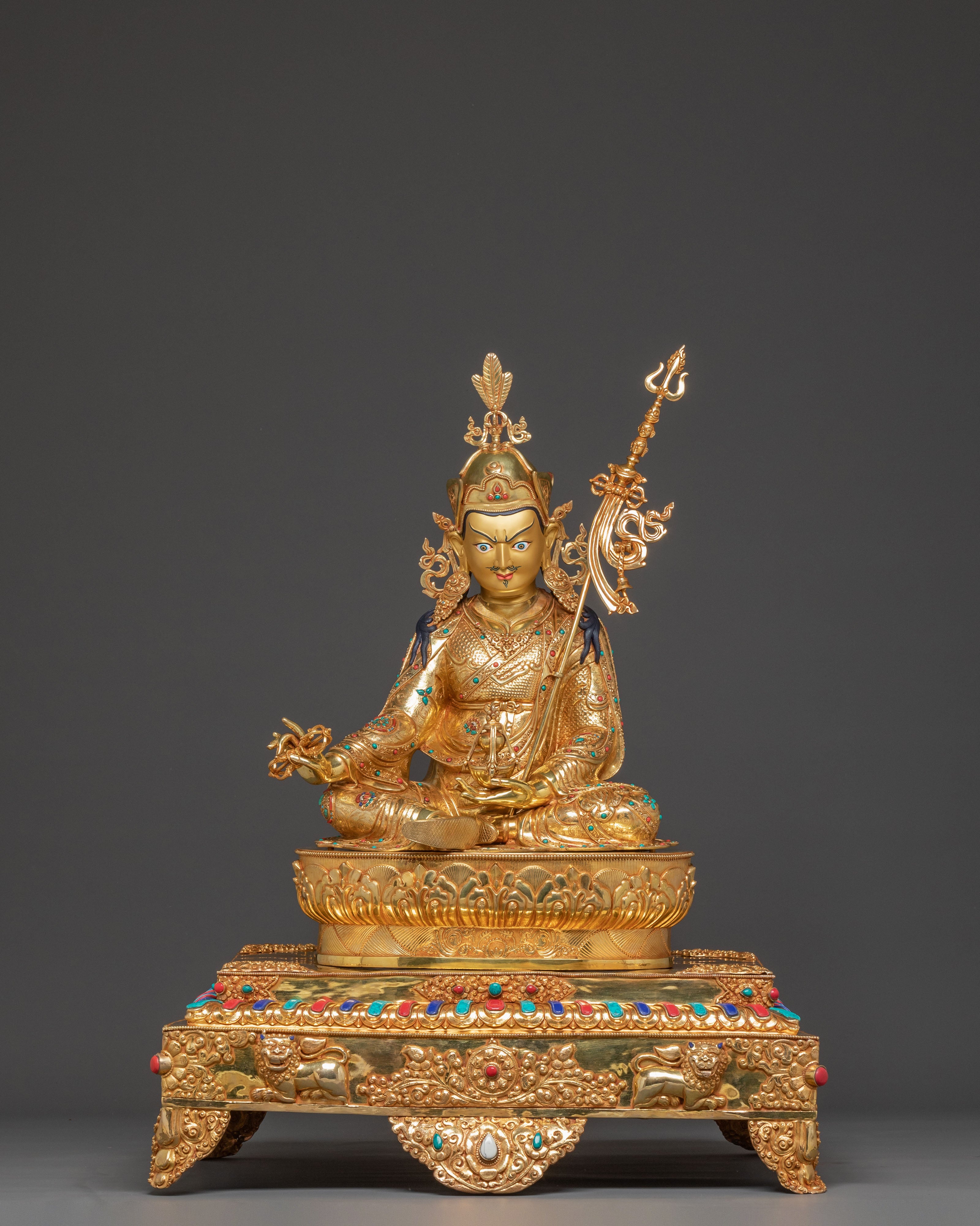 Radiant Guru Rinpoche Statue with Torana - 24k Gold Gilded