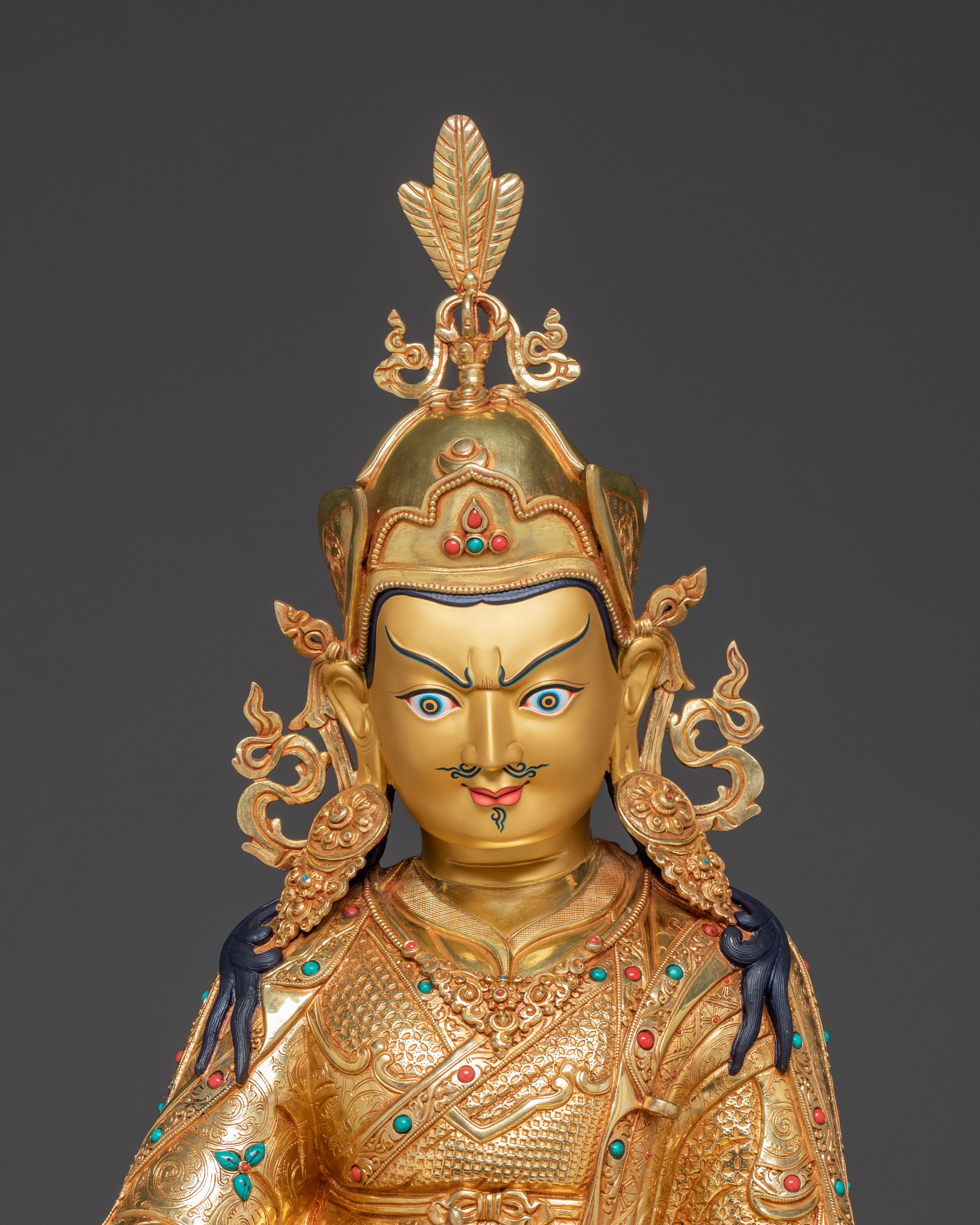 Radiant Guru Rinpoche Statue with Torana - 24k Gold Gilded