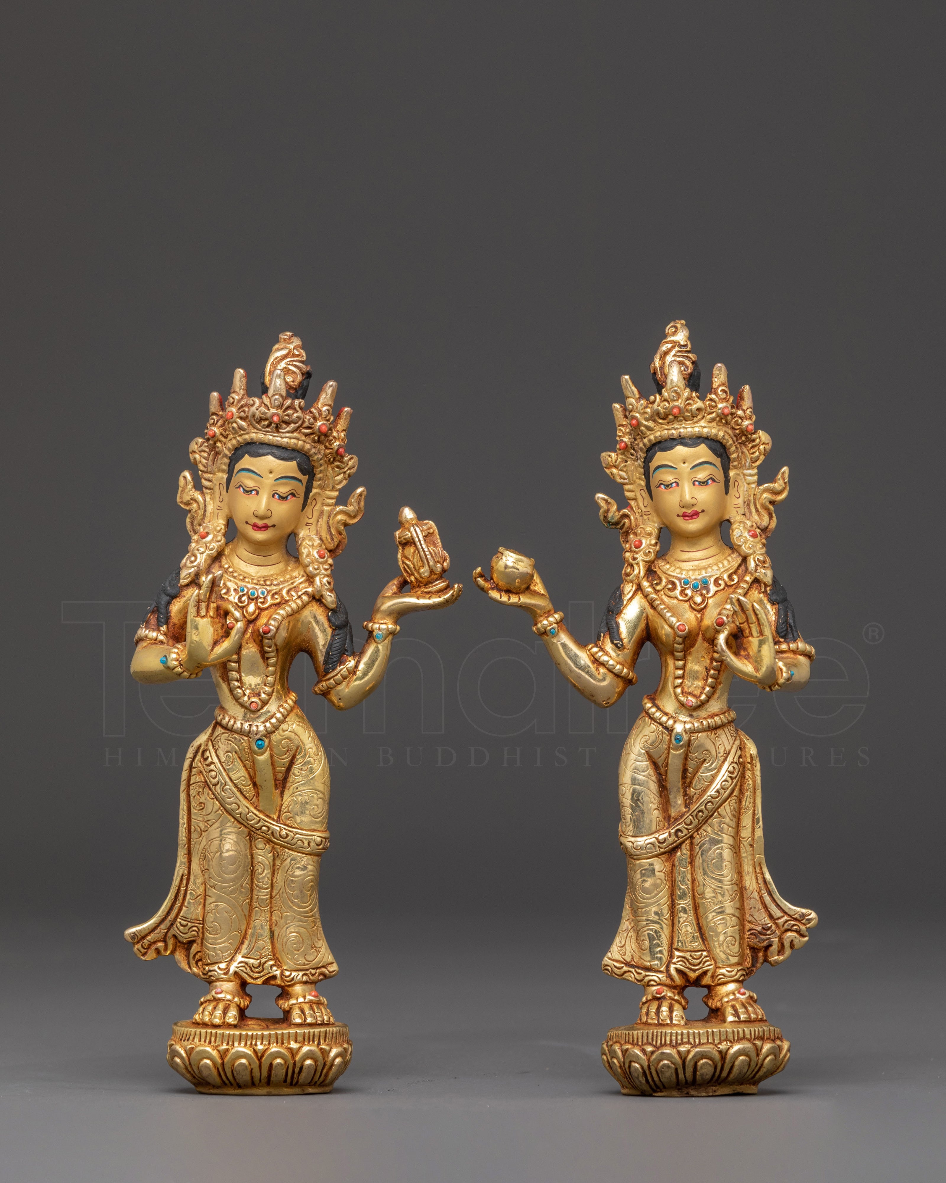 Yeshe Tsogyal Mandarava Statue Set – Gold Gilded Copper Pair
