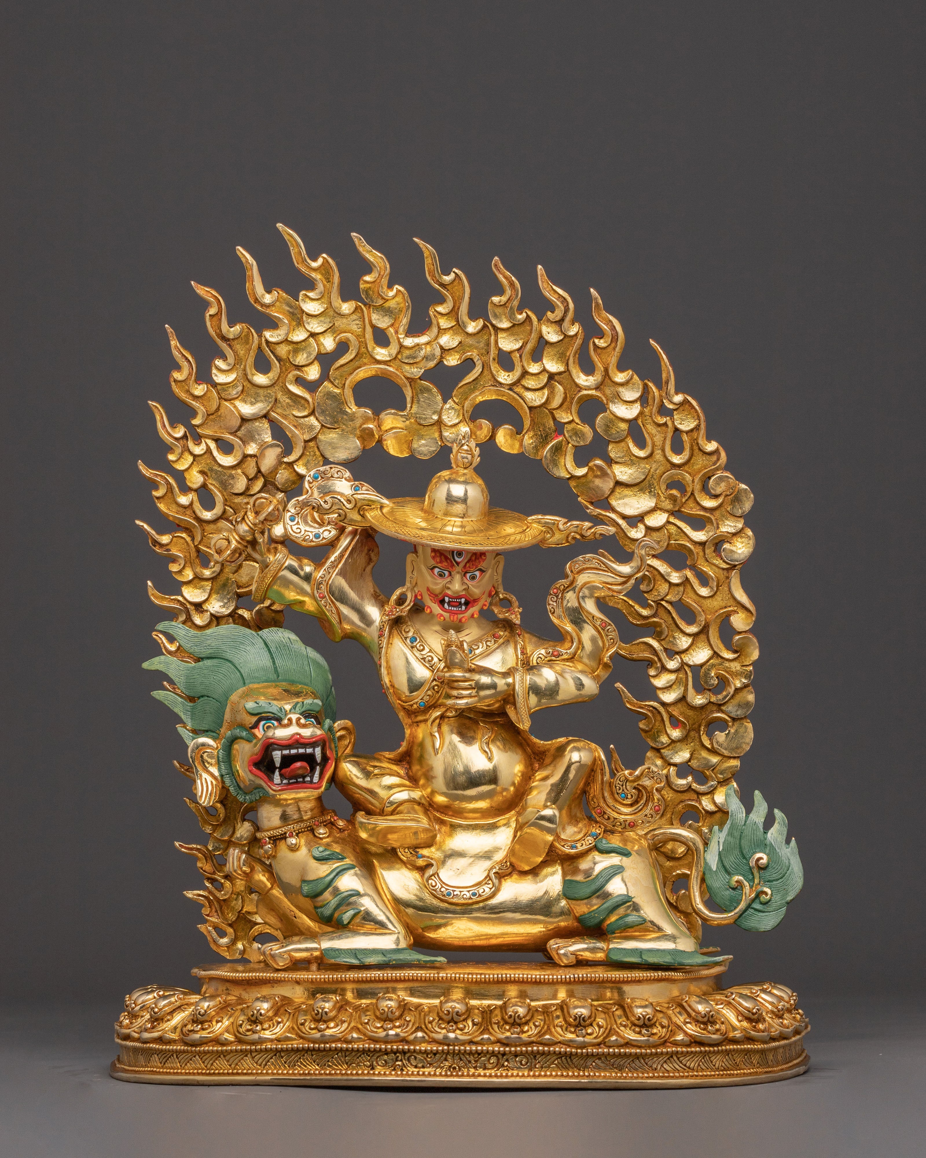 24K Gold Gilded Three Nyingma Protectors Statue – Masterpiece of Patan
