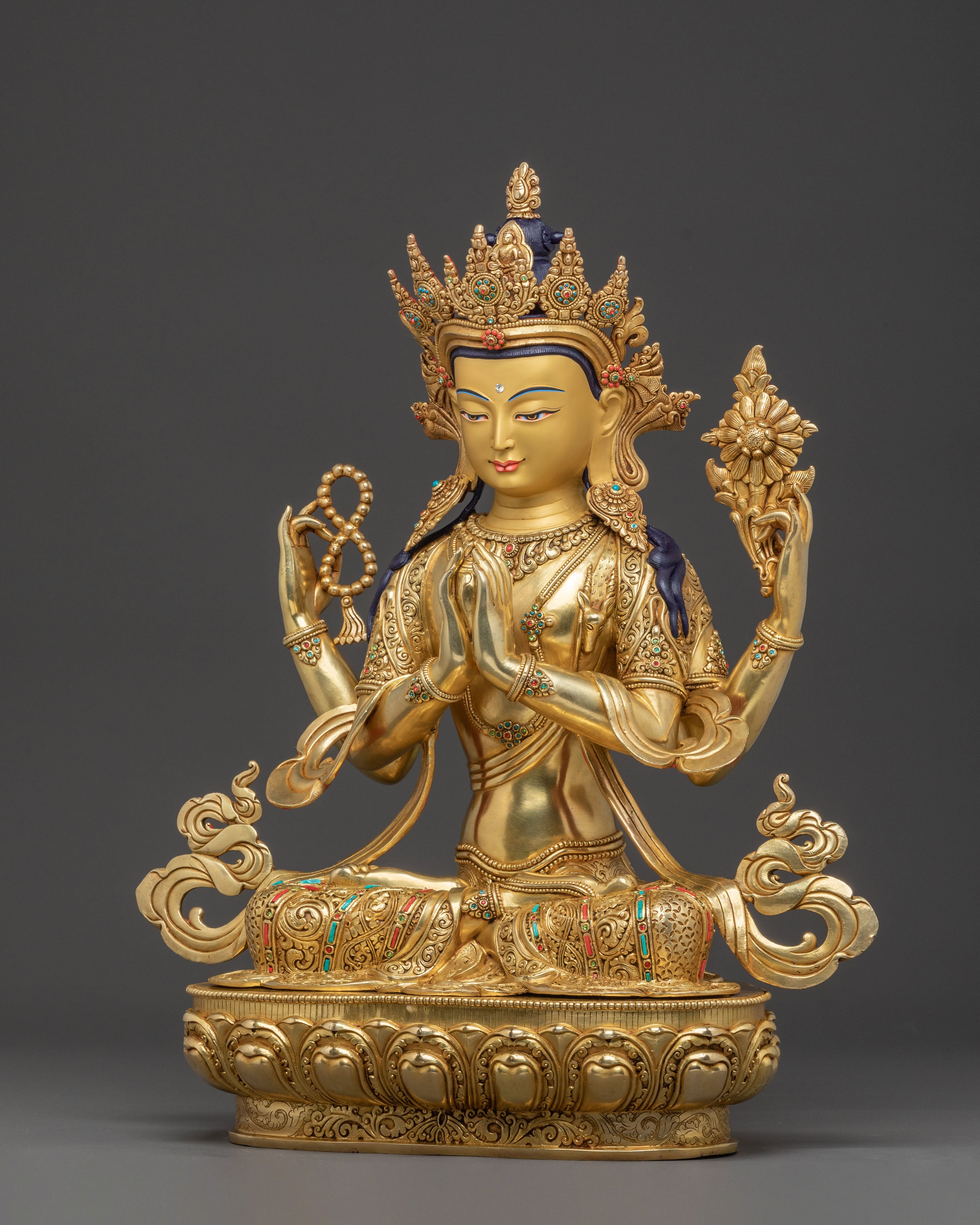 Handcrafted Divine Chenrezig Statue – 24K Gold Gilded Masterpiece