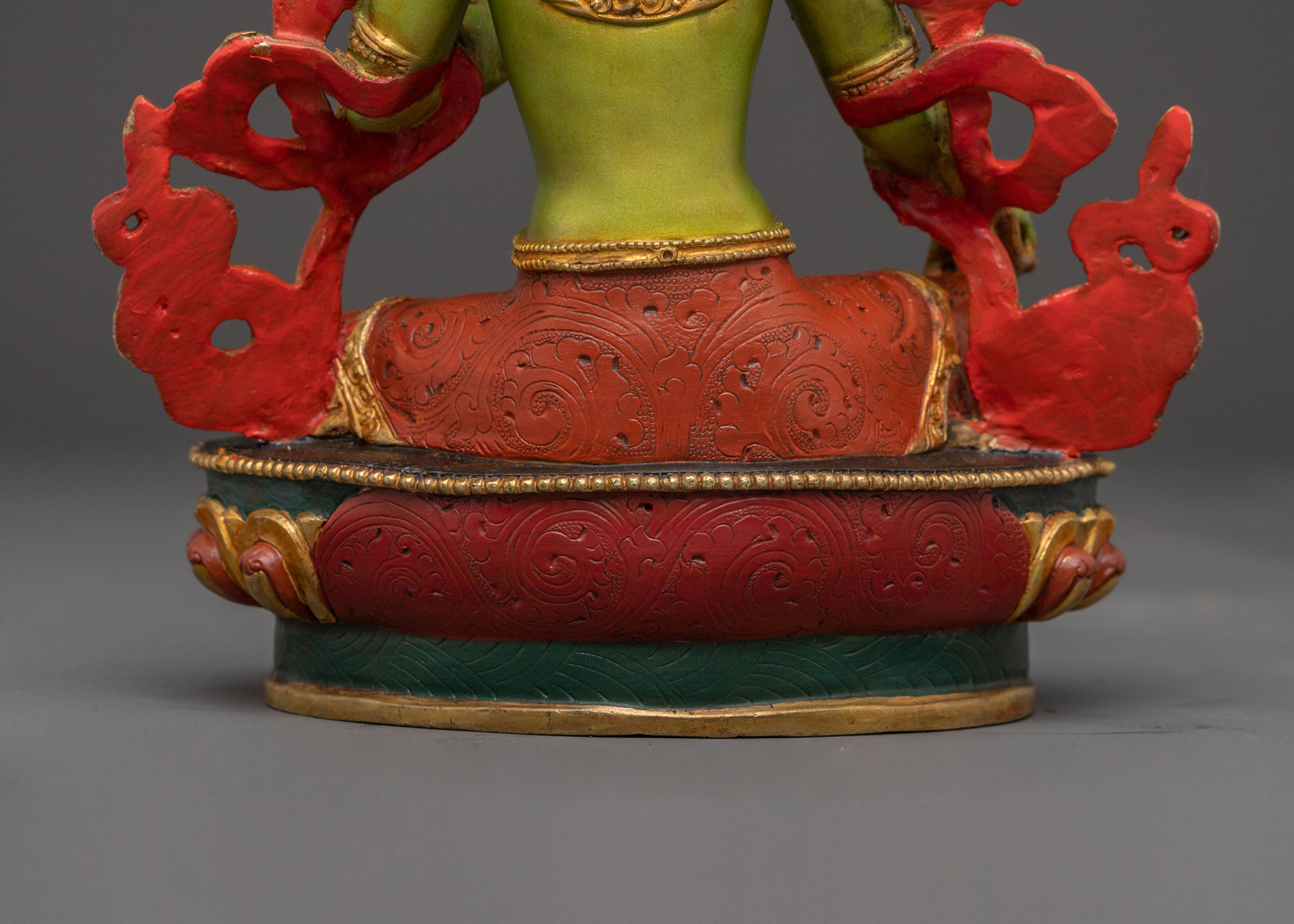 2k Gold Gilded Green Tara Statue - Sacred Buddhist Art