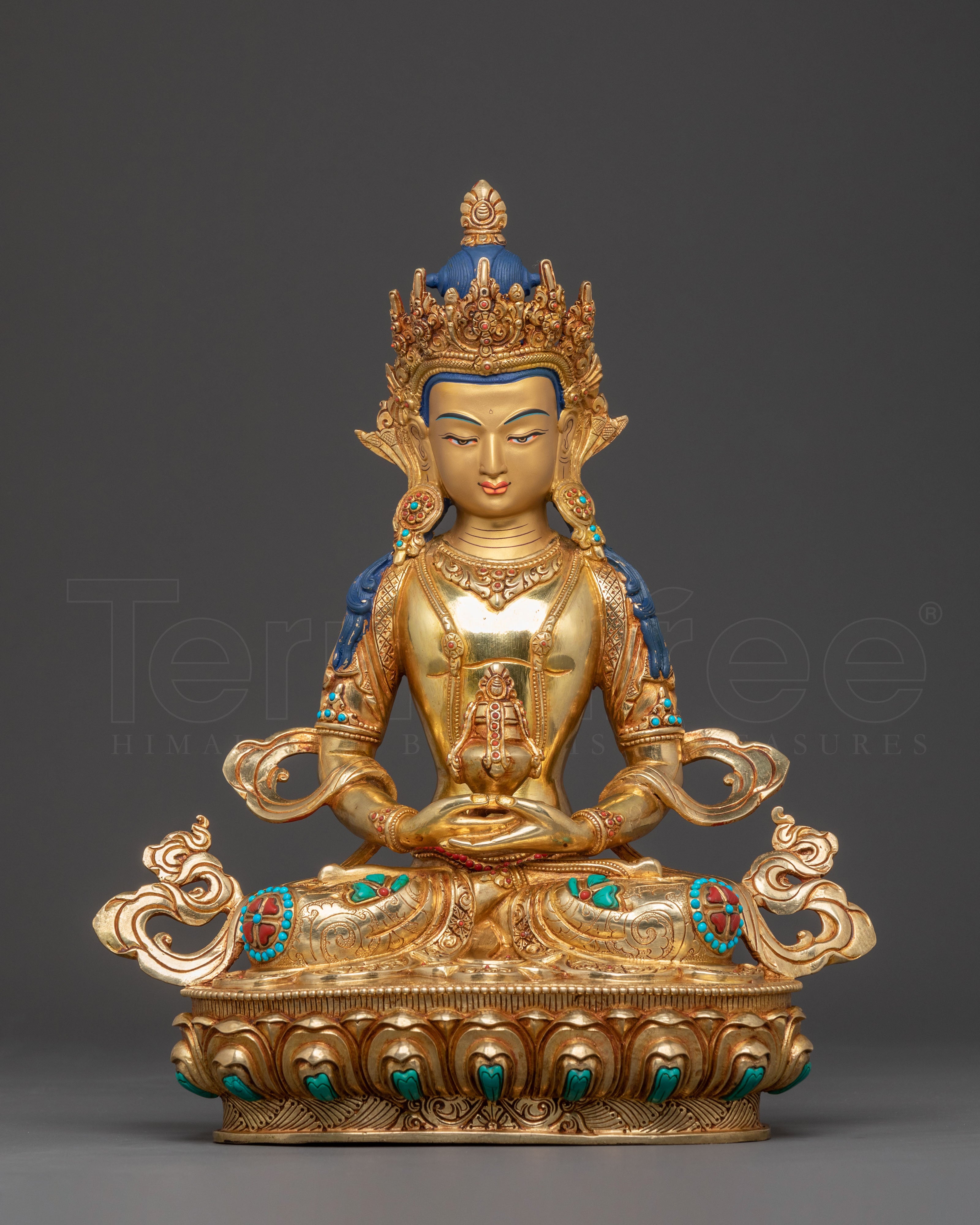 Amitayus Sacred Handcrafted Statue: 24K Gold Gilded Masterpiece