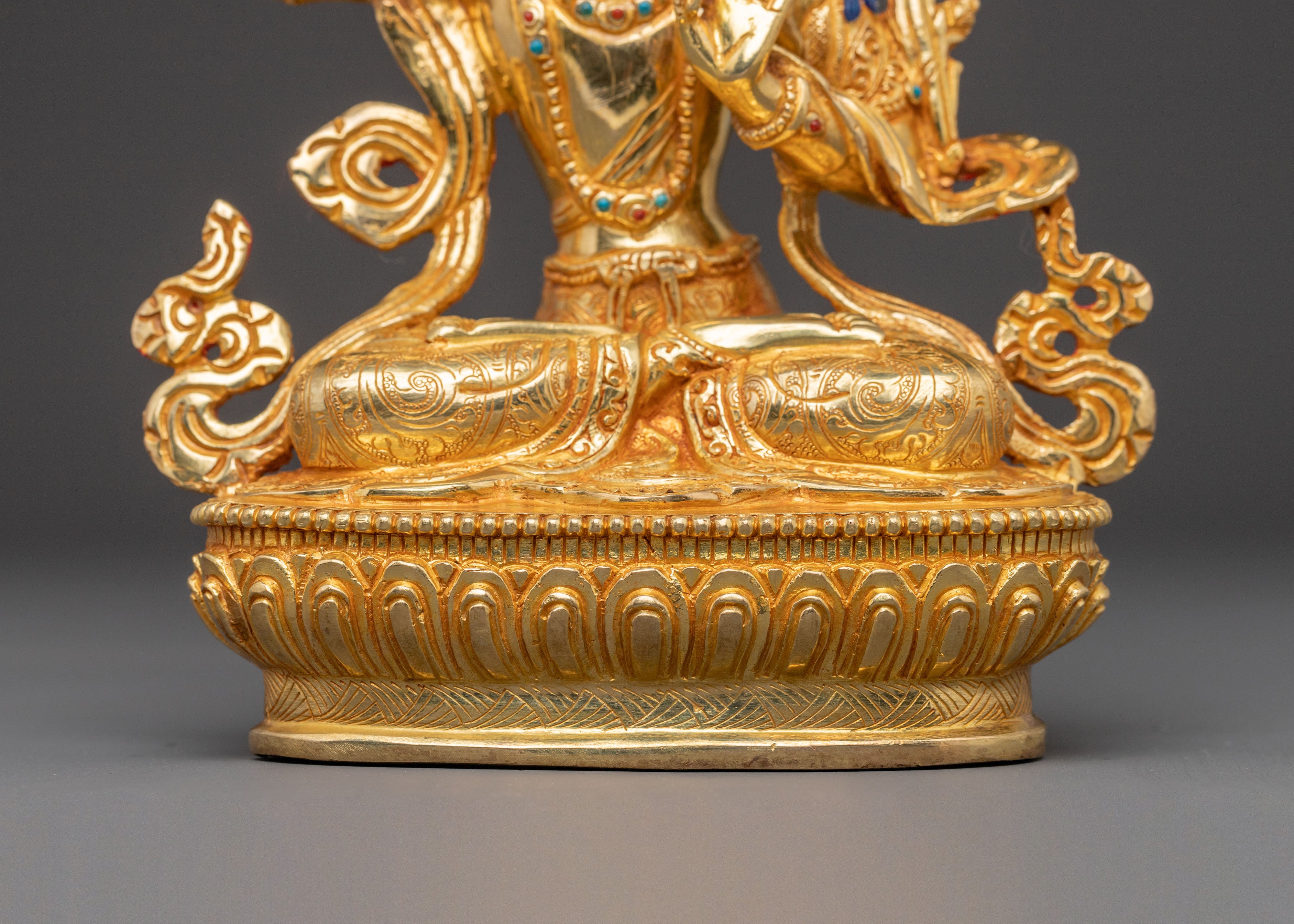 Handcrafted Manjushri Sacred Statue – Gilded Copper & Gemstone Art