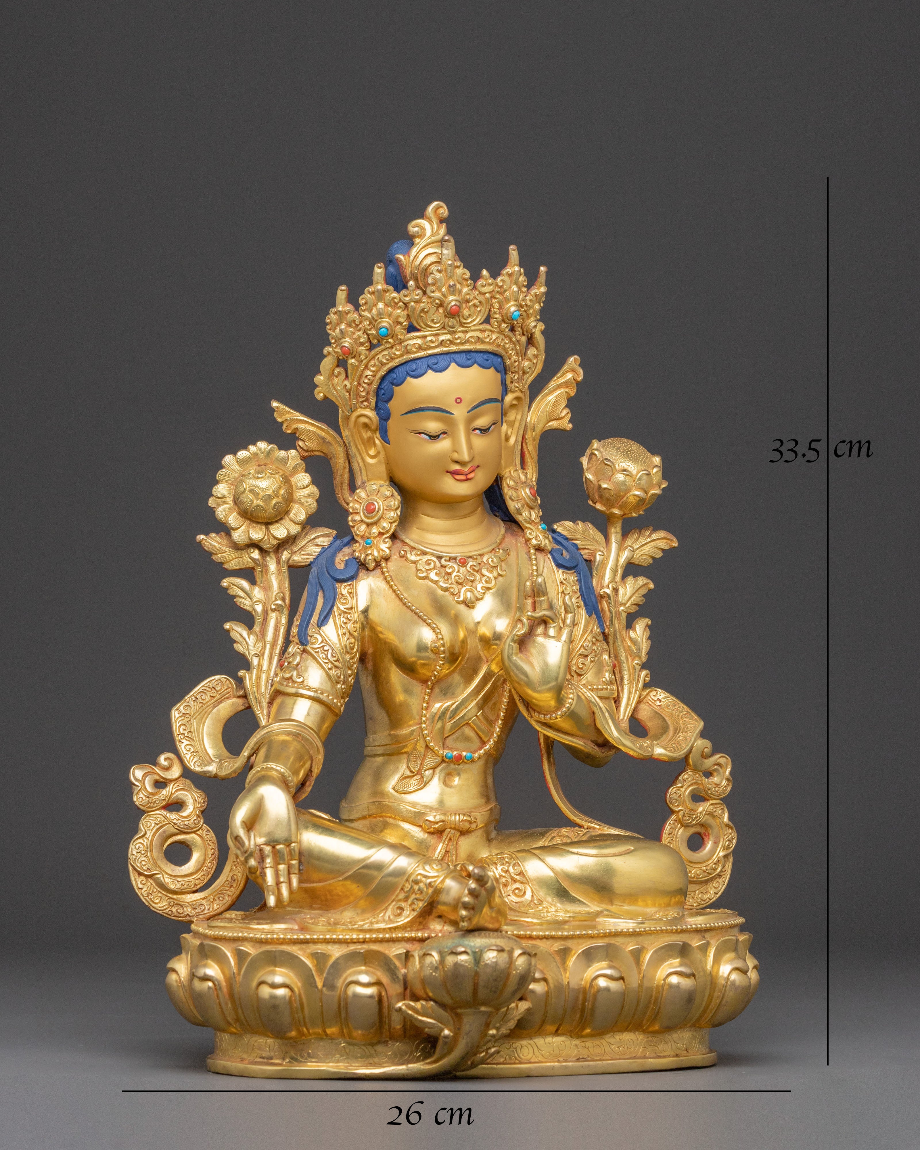 Green Tara Compassionate Statue – 24K Gilded Copper Art