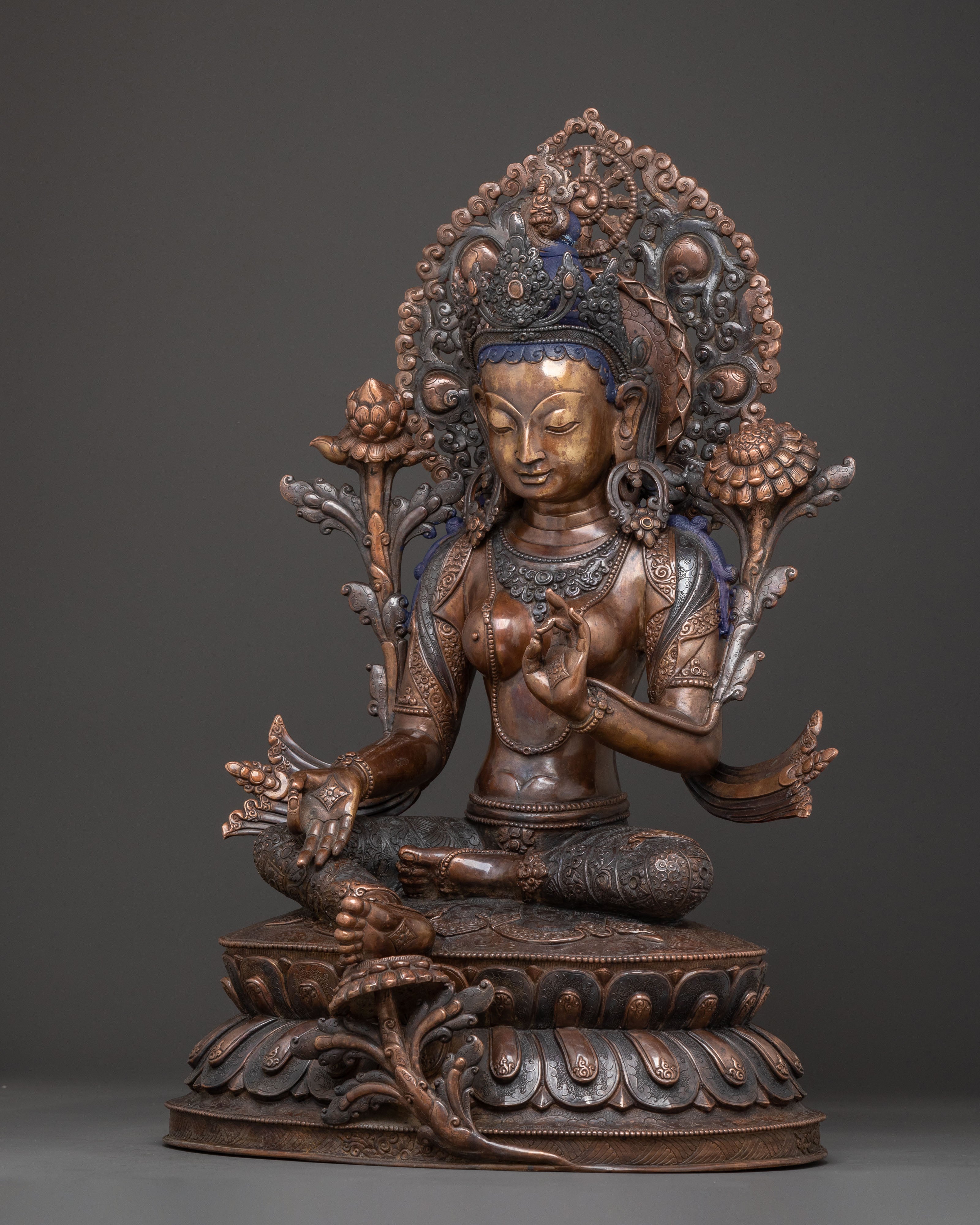 Copper Statue of Green Tara: Oxidized Himalayan Artistry