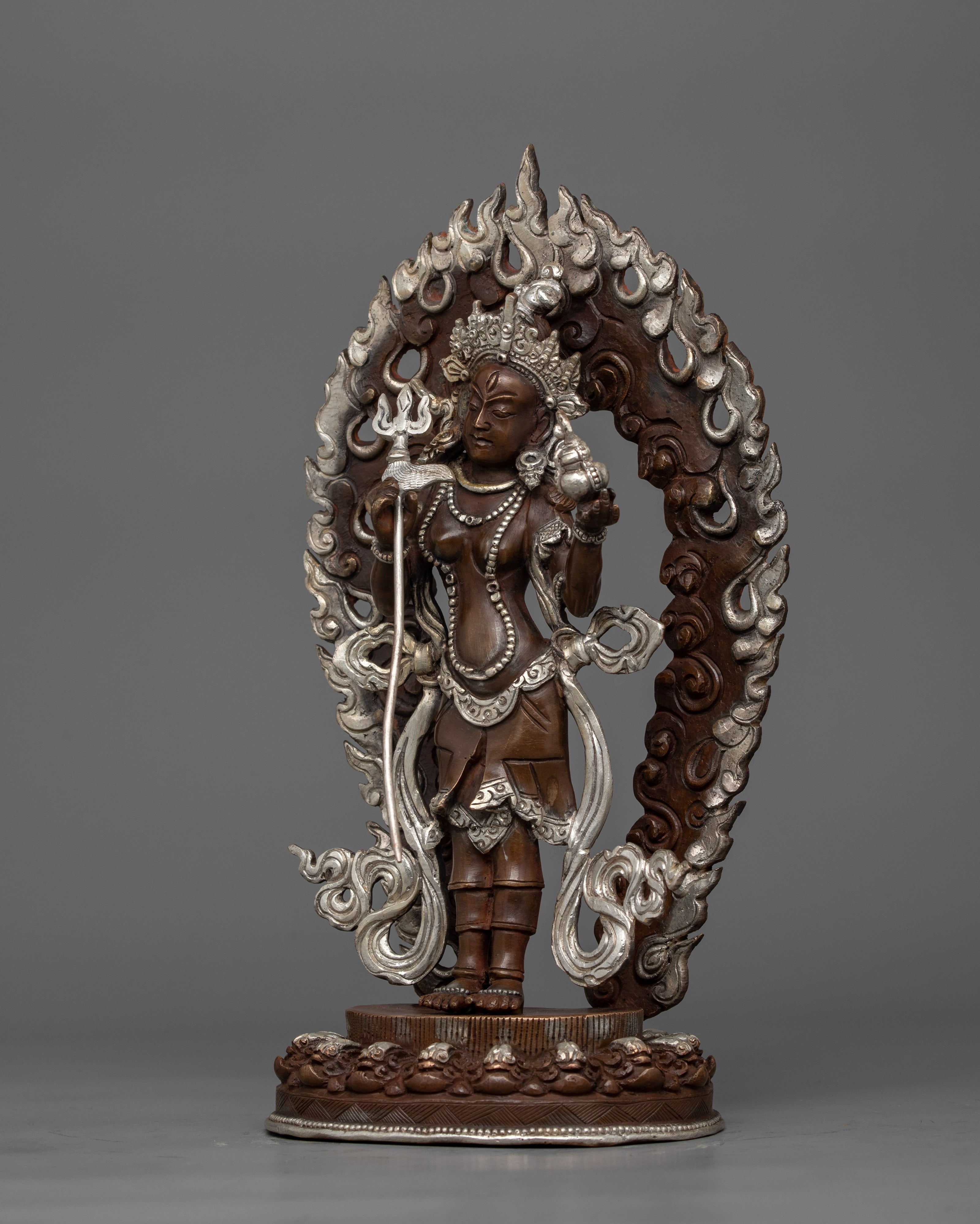 Mandarava The Enlightened Female Guru Deity Figurine | Oxidized Copper and Silver-Plated Sculpture
