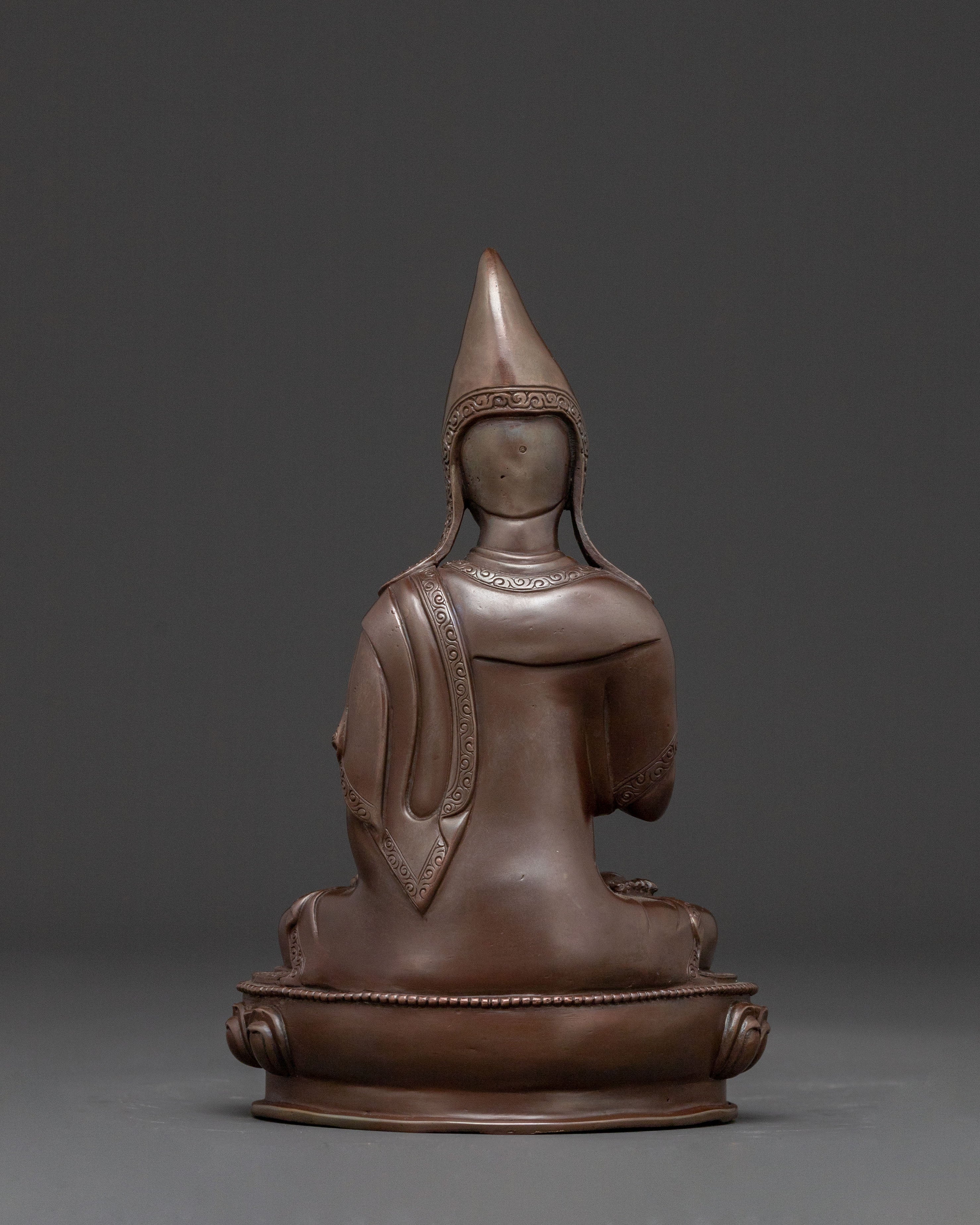 Tsongkhapa Copper Statue with Disciples: Oxidized Finish