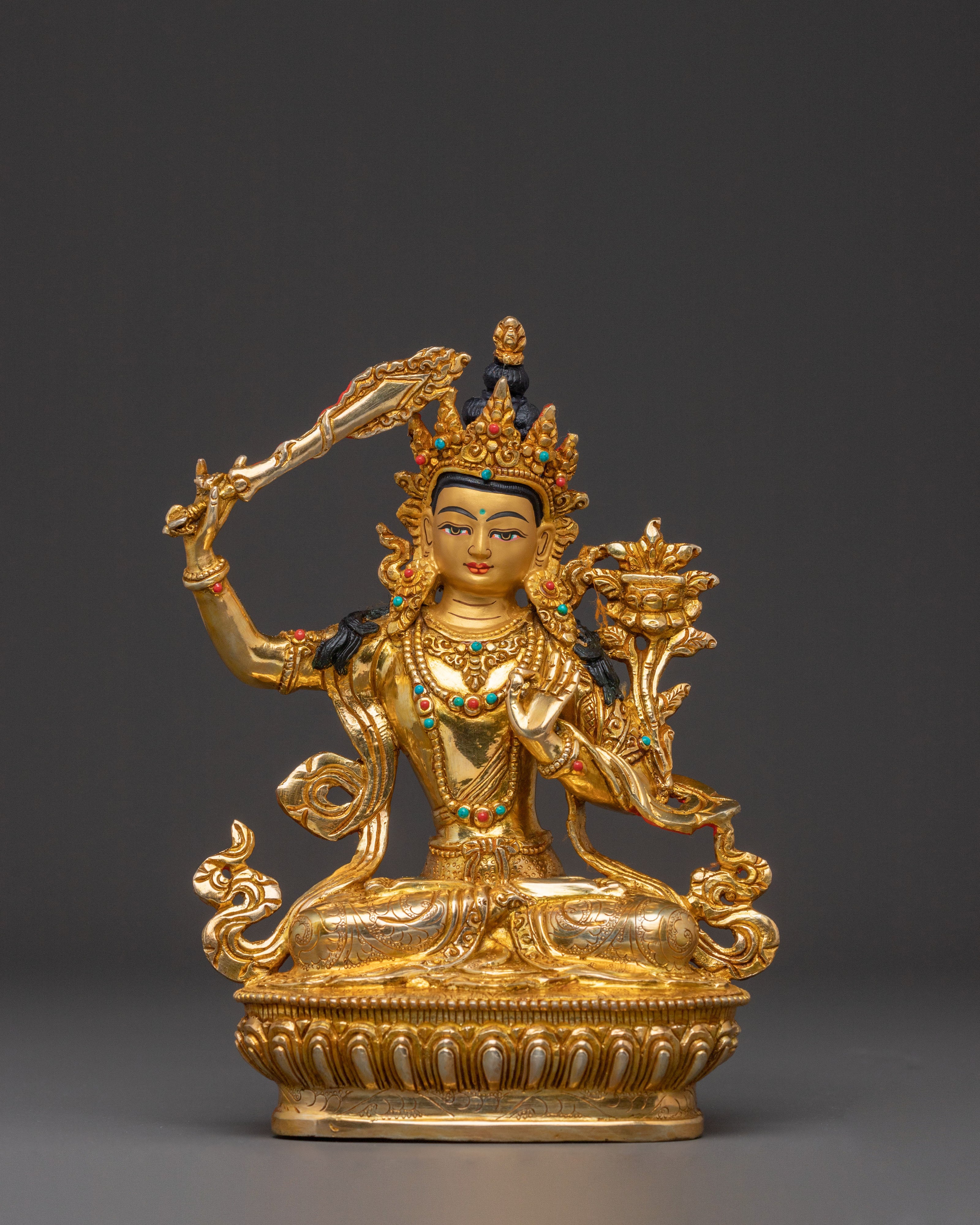Manjushri Statue Sword of Knowledge - Hand-Gilded Wisdom