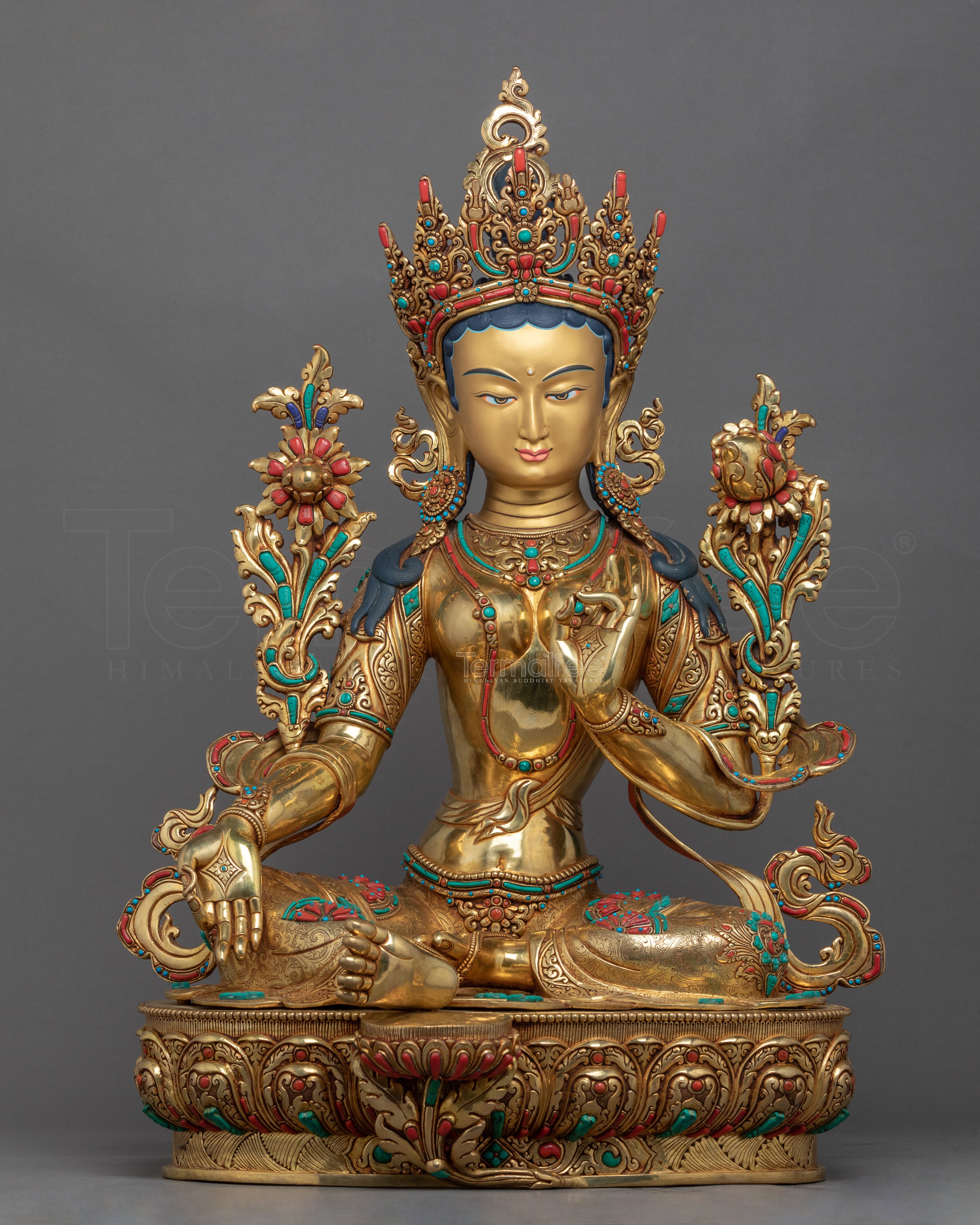 Green Tara Deity Sculpture | Tibetan Art Of Mother Tara Gilded With Gold