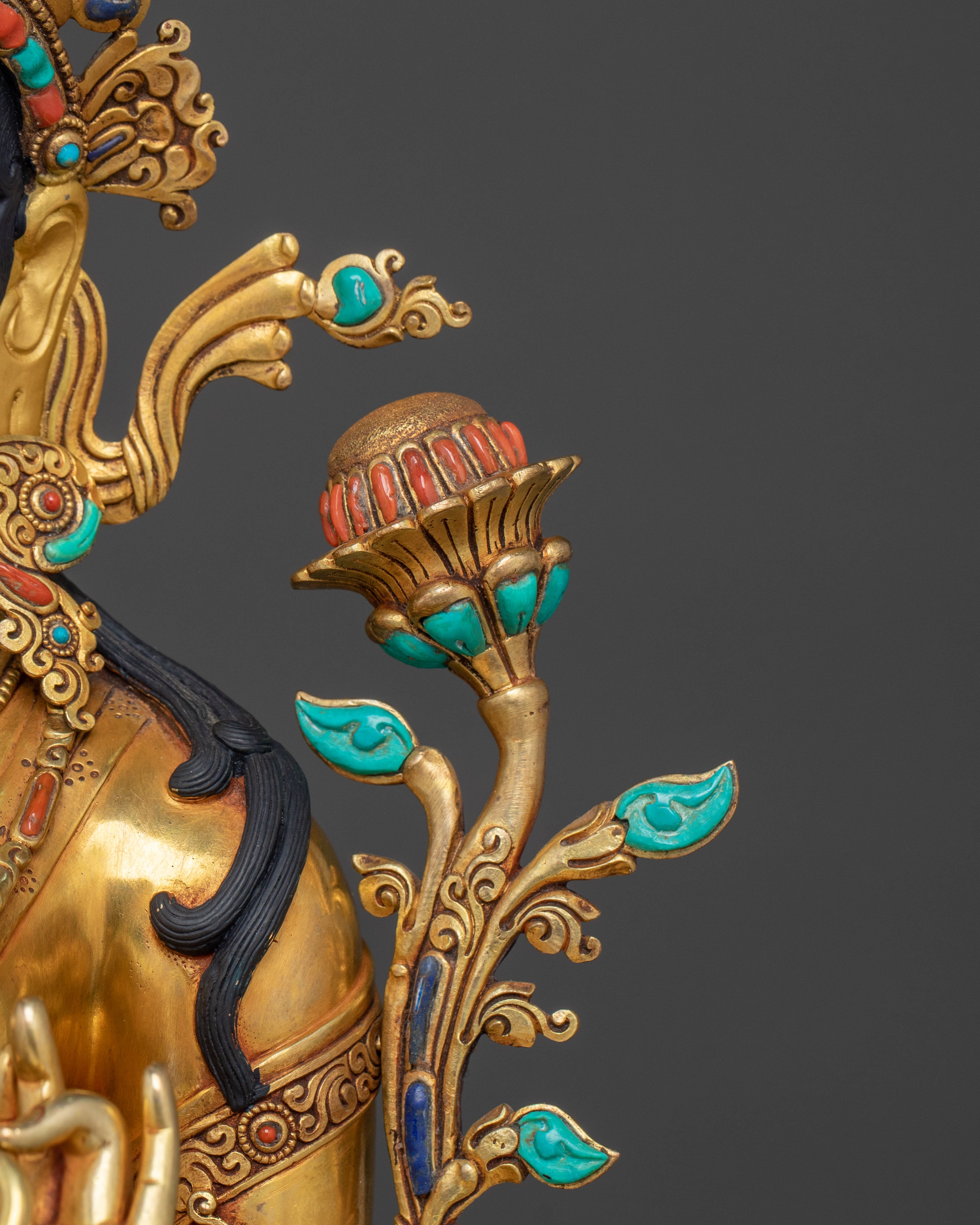 White Tara Statue Seated on Throne | 24k Gold Glided