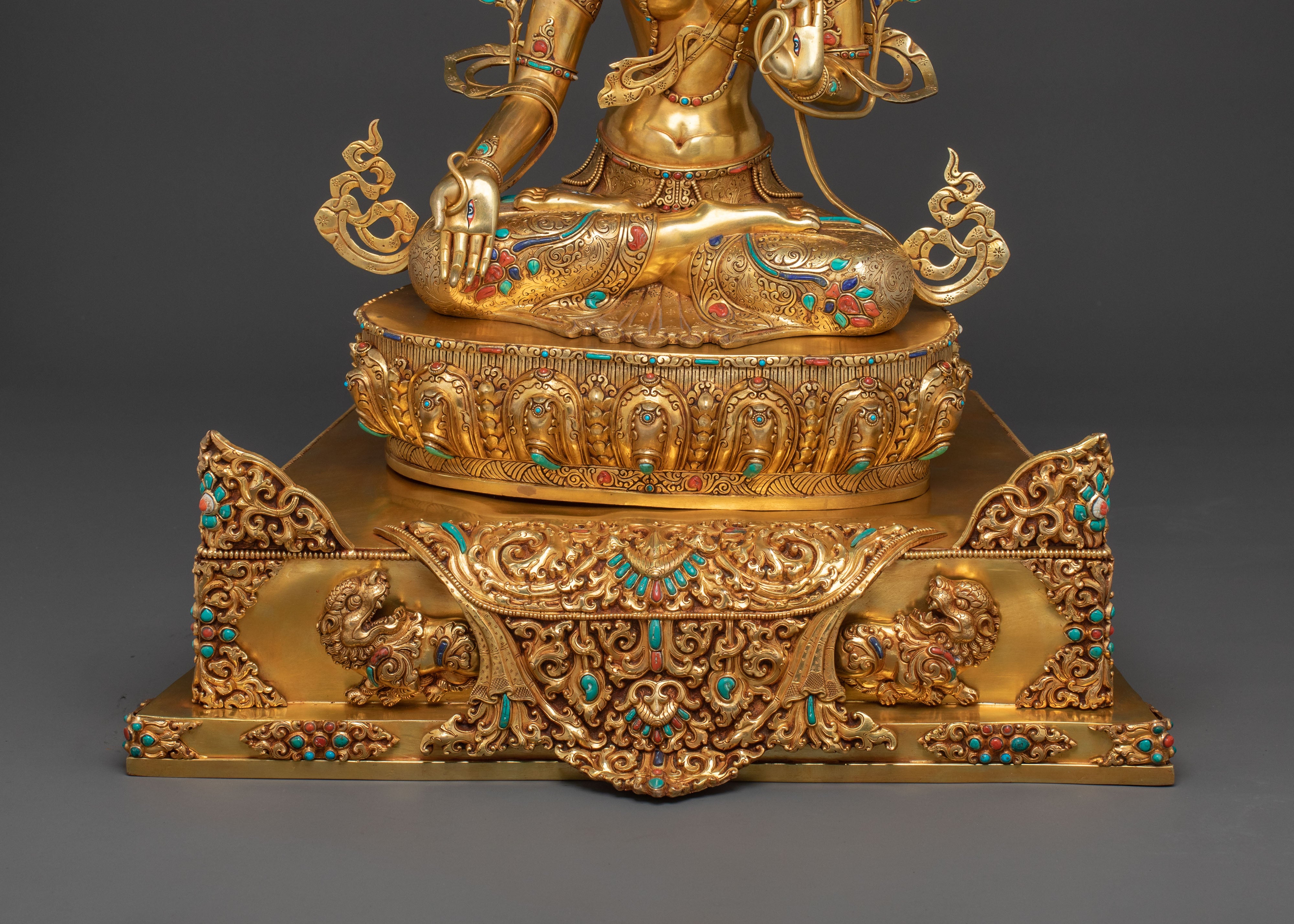 White Tara Statue Seated on Throne | 24k Gold Glided