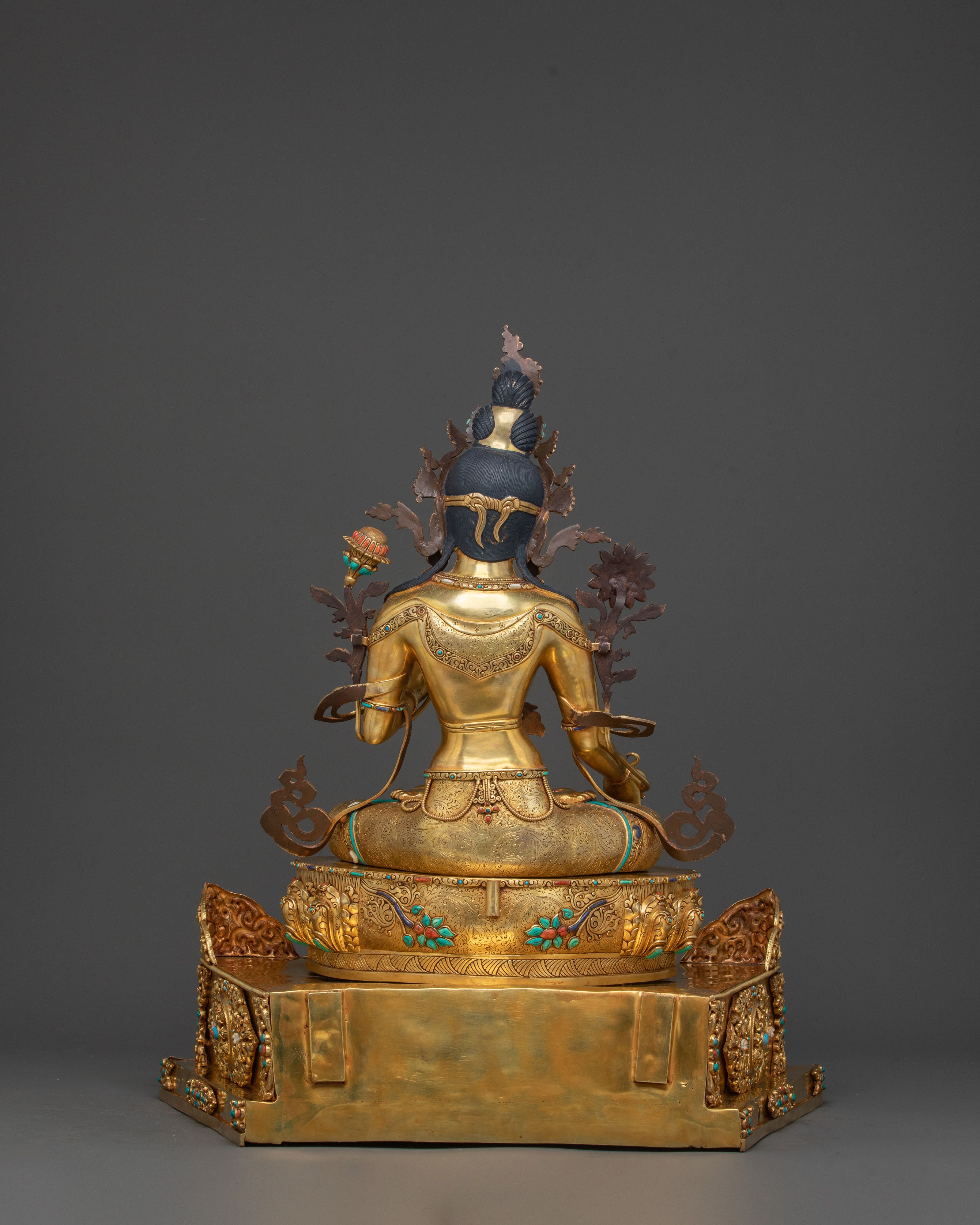 White Tara Statue Seated on Throne | 24k Gold Glided
