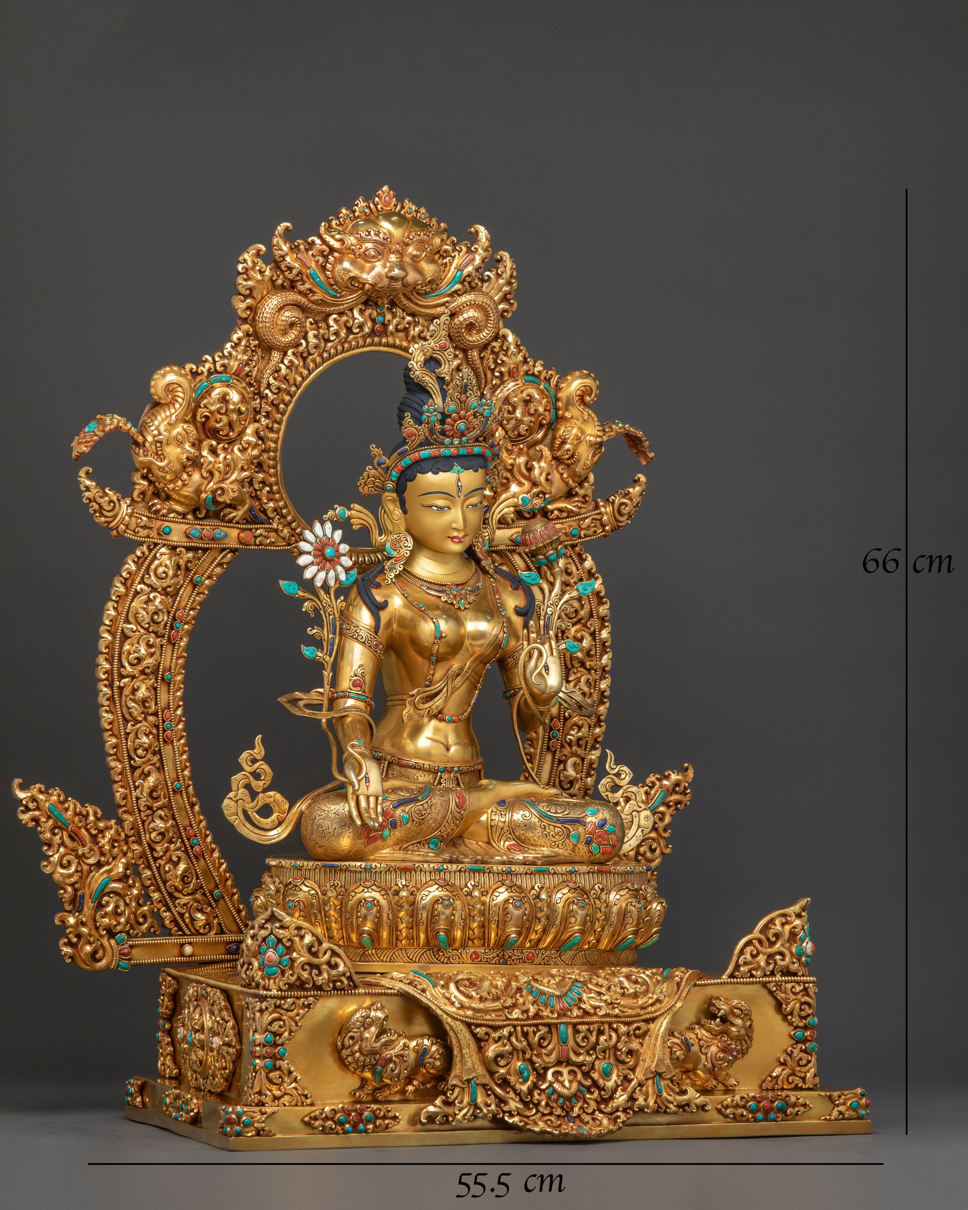 White Tara Statue Seated on Throne | 24k Gold Glided