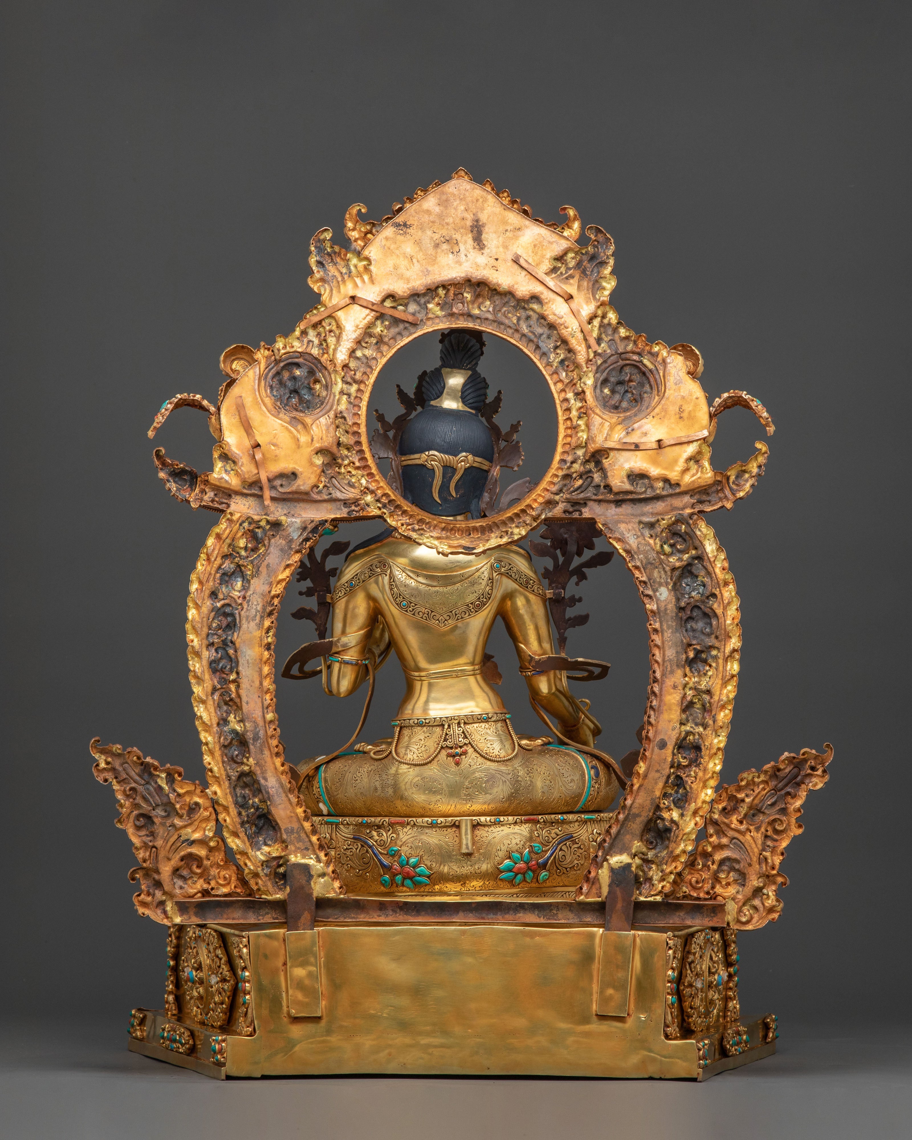 White Tara Statue Seated on Throne | 24k Gold Glided