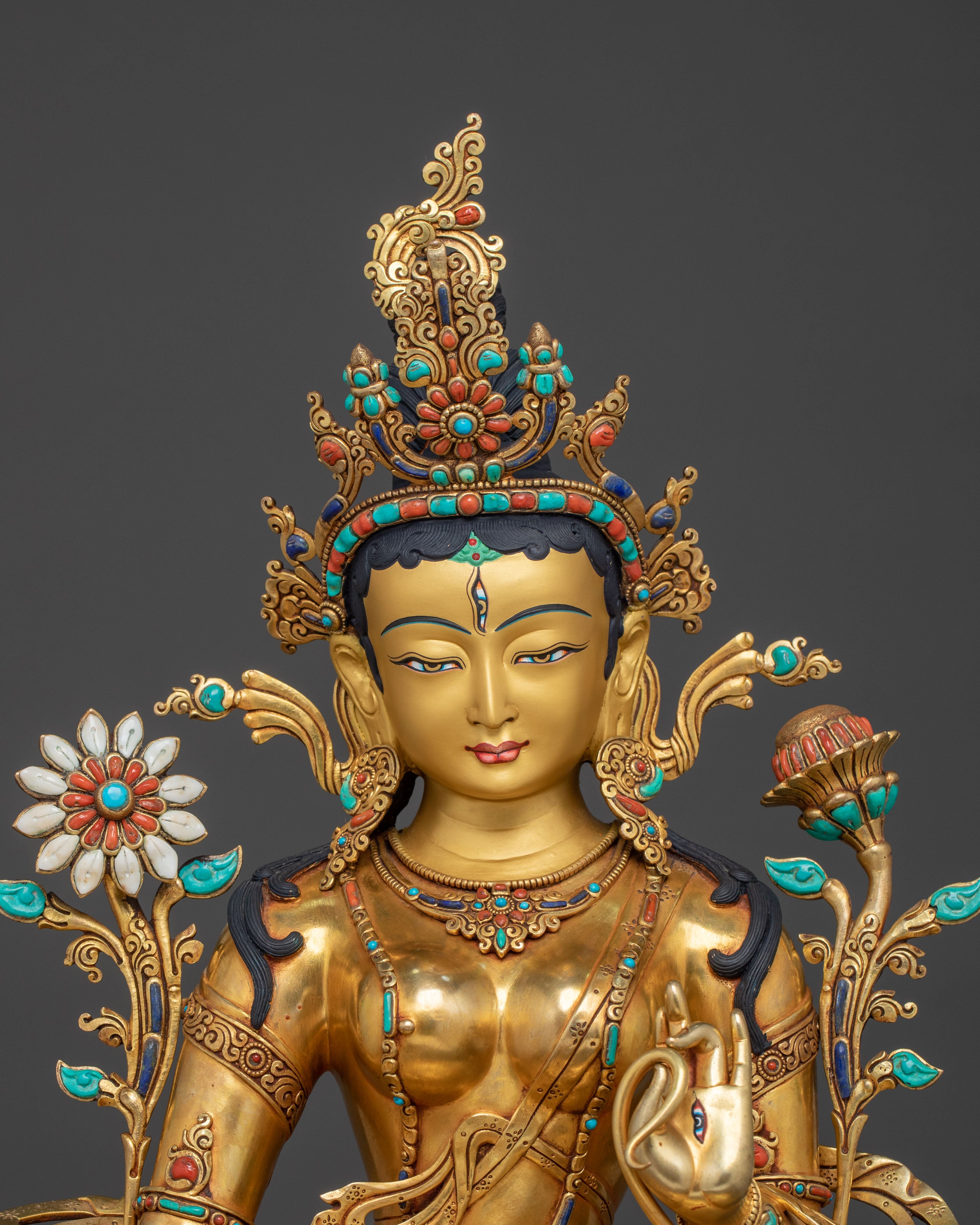 White Tara Statue Seated on Throne | 24k Gold Glided