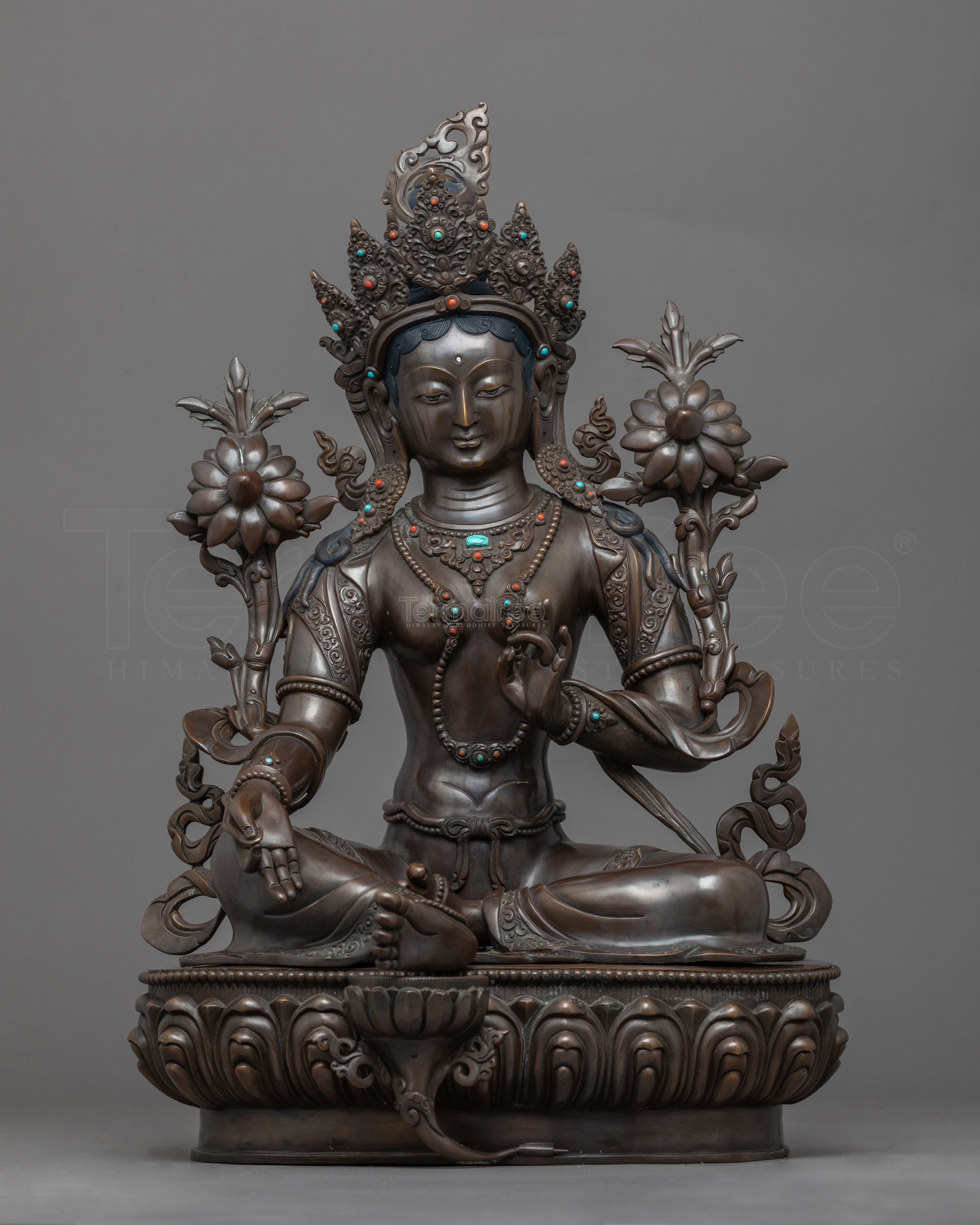 Copper Statue For Green Tara Hand Mudra Practice | Traditionally Hand-Carved Art - Termatree