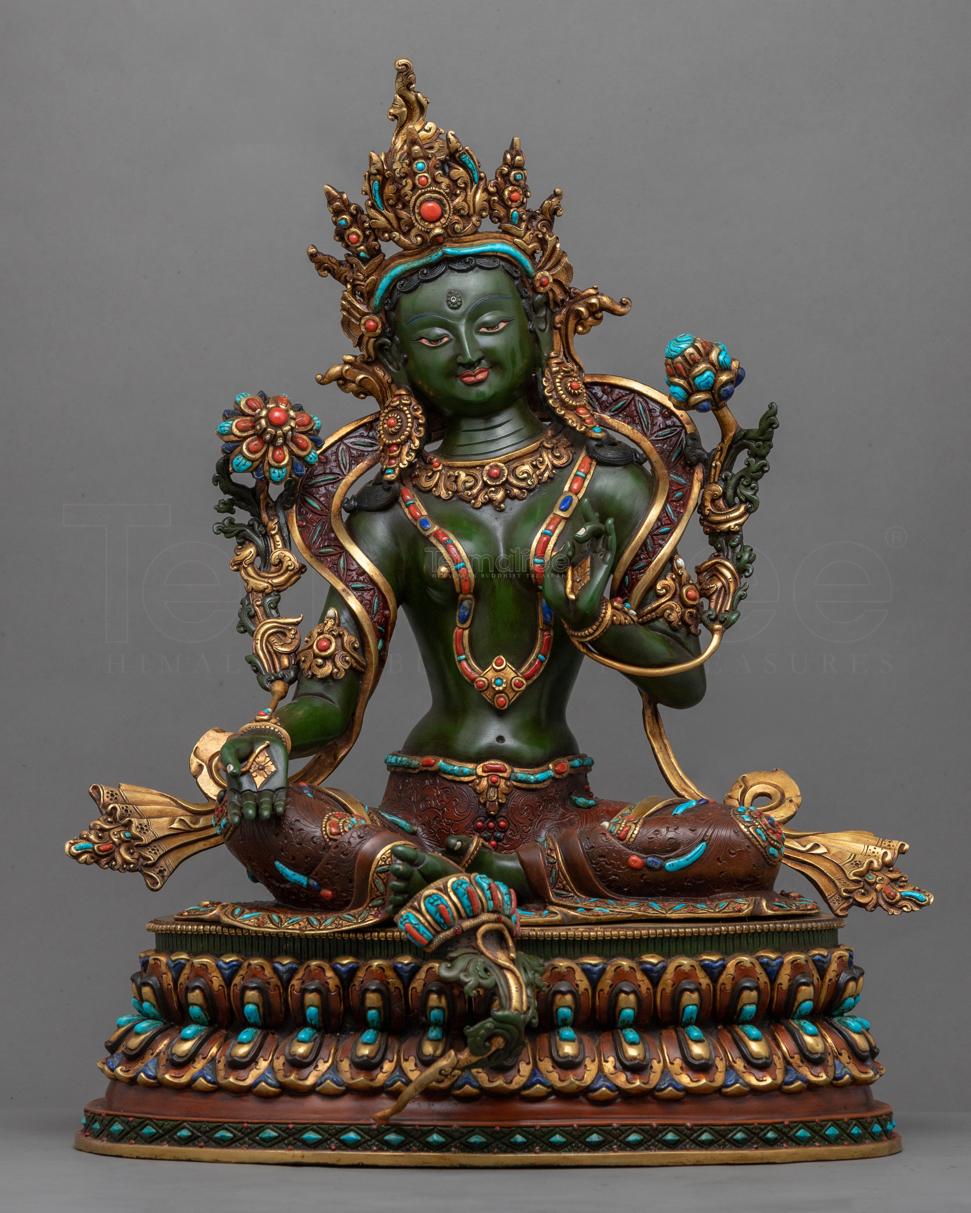 24K Genuine Gold-Gilded Green Tara Necklace Statue | Hand-Carved Buddhist Deity Sculpture - Termatree