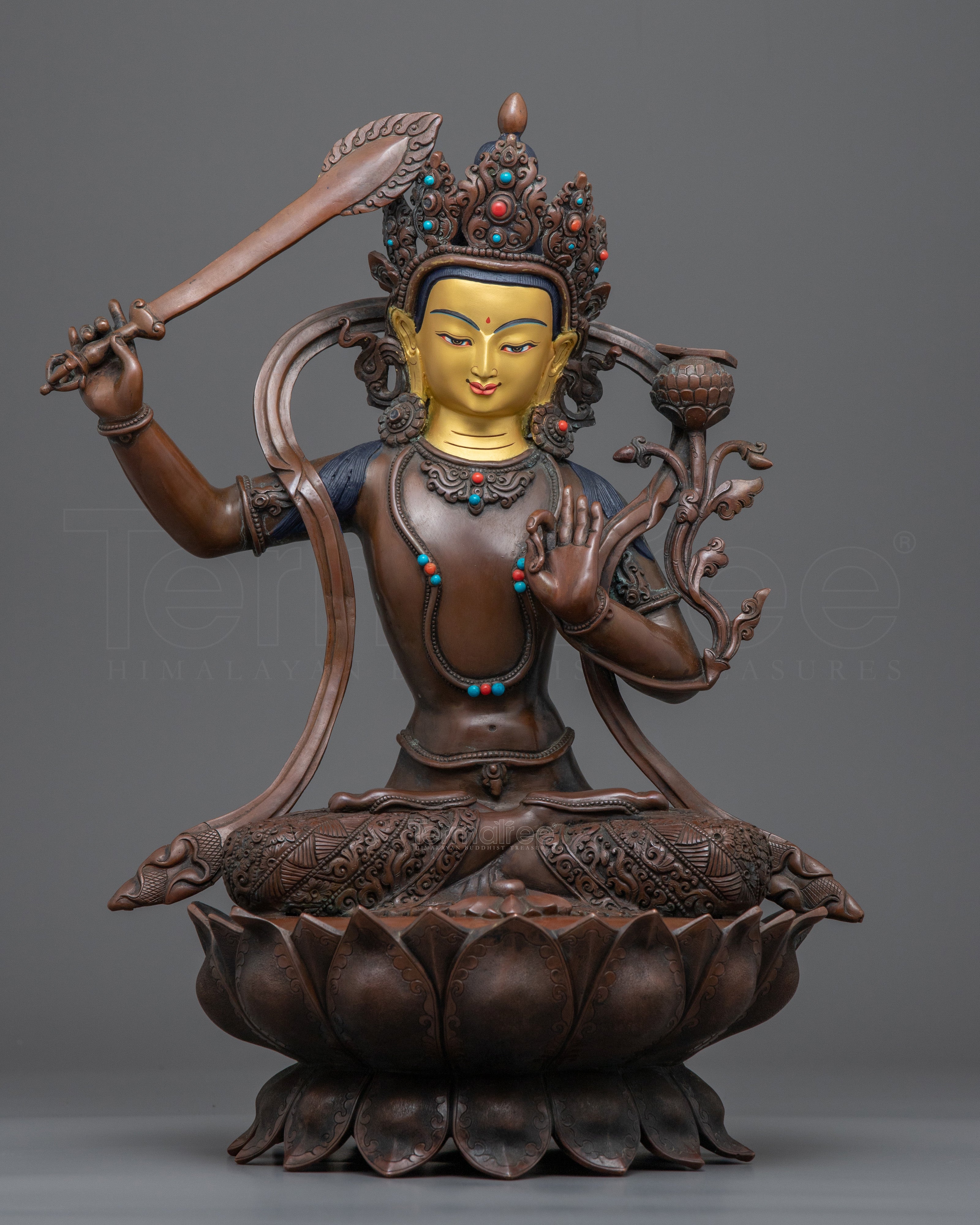 Gold-Gilded Statue For Manjushri Mantra Benefits | Buddhist Deity Figurine For Ritual