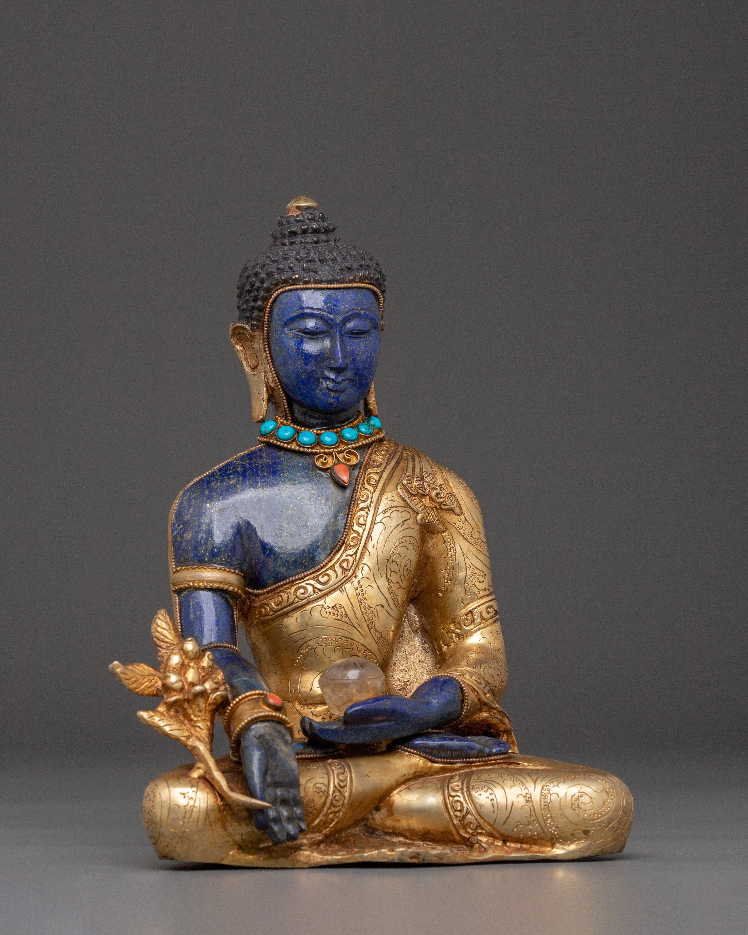 Lapis Lazuli Medicine Buddha Statue: 24K Gold Electroplating