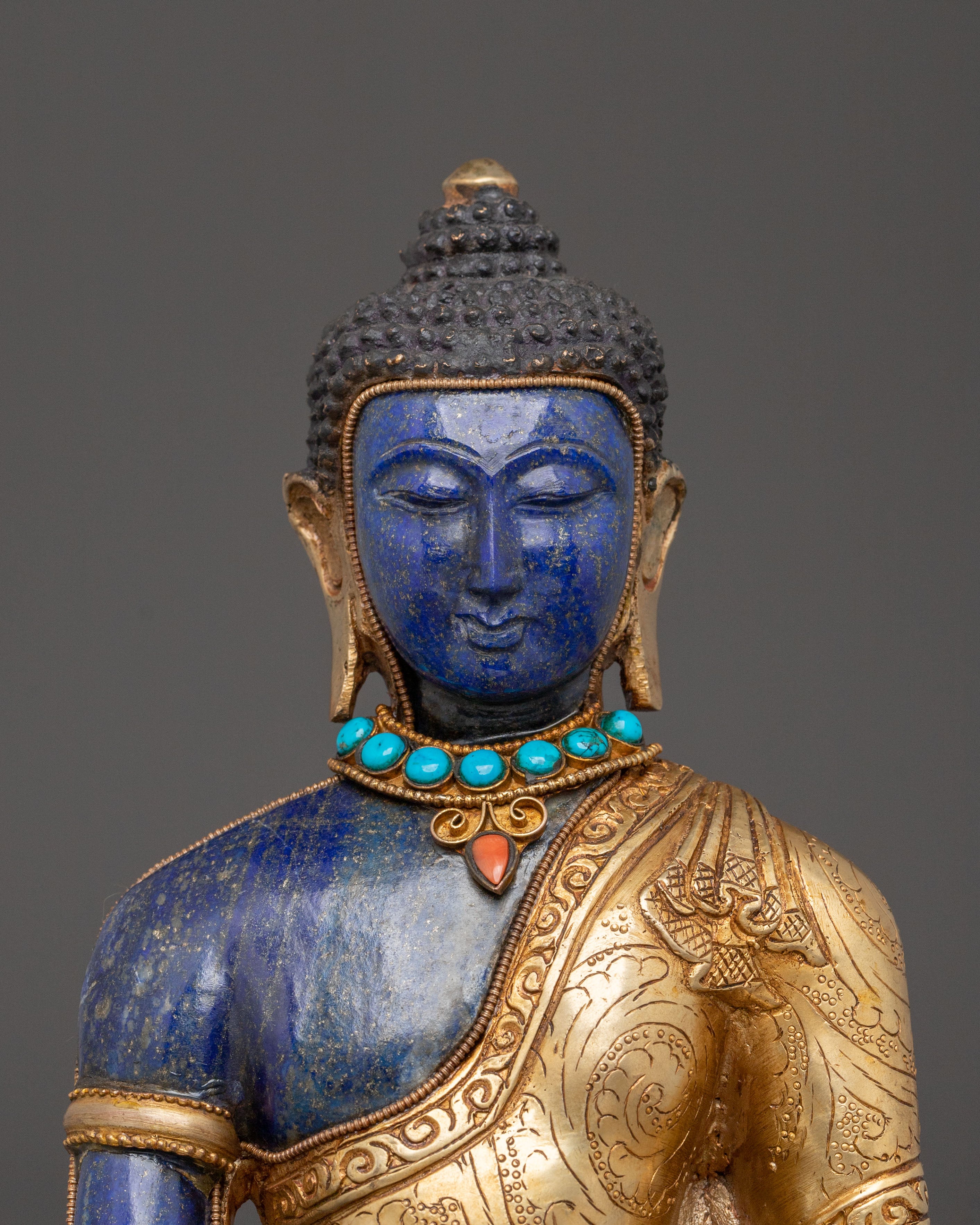 Lapis Lazuli Medicine Buddha Statue: 24K Gold Electroplating