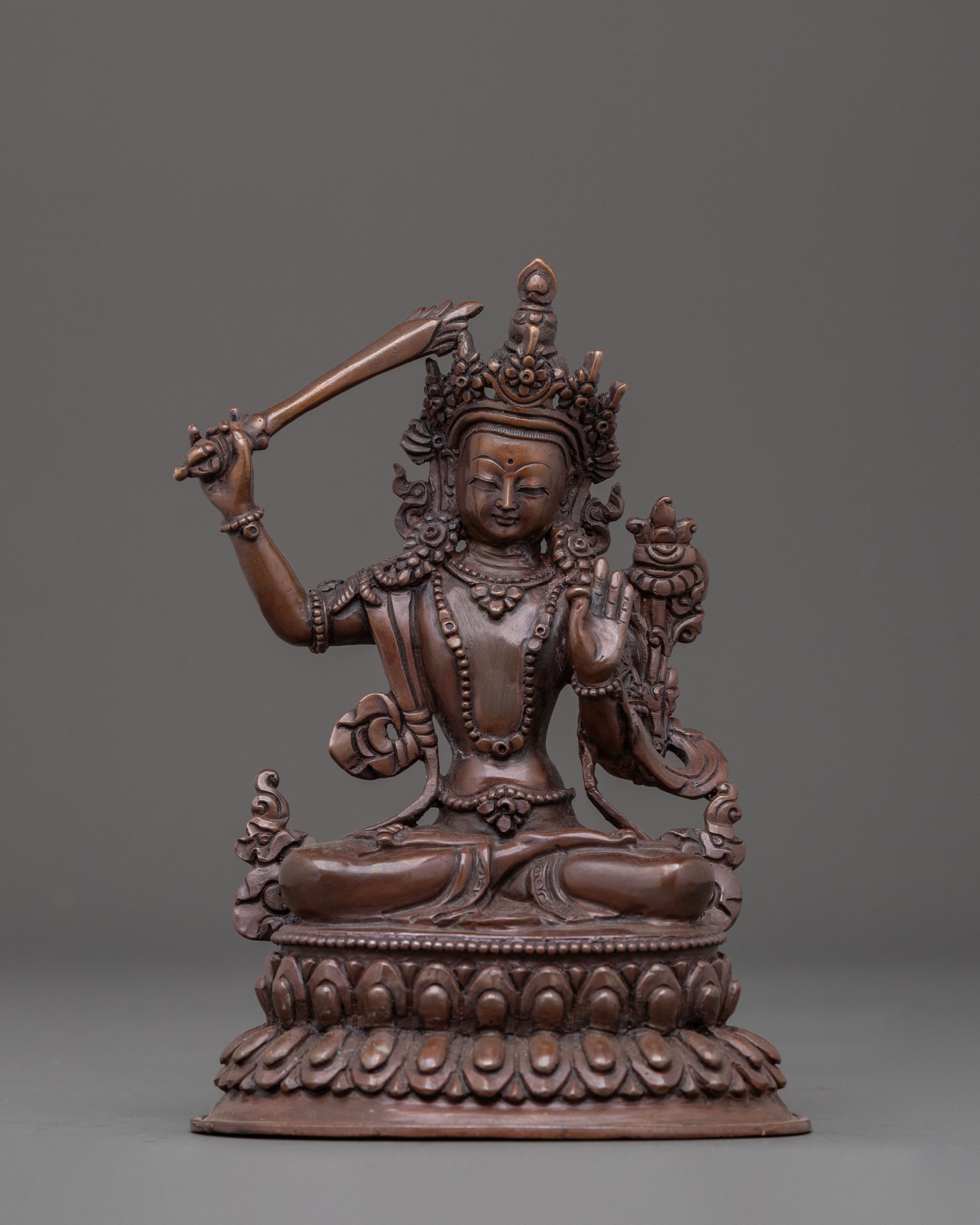 Handcrafted Manjushri Statue: Oxidized Copper Body