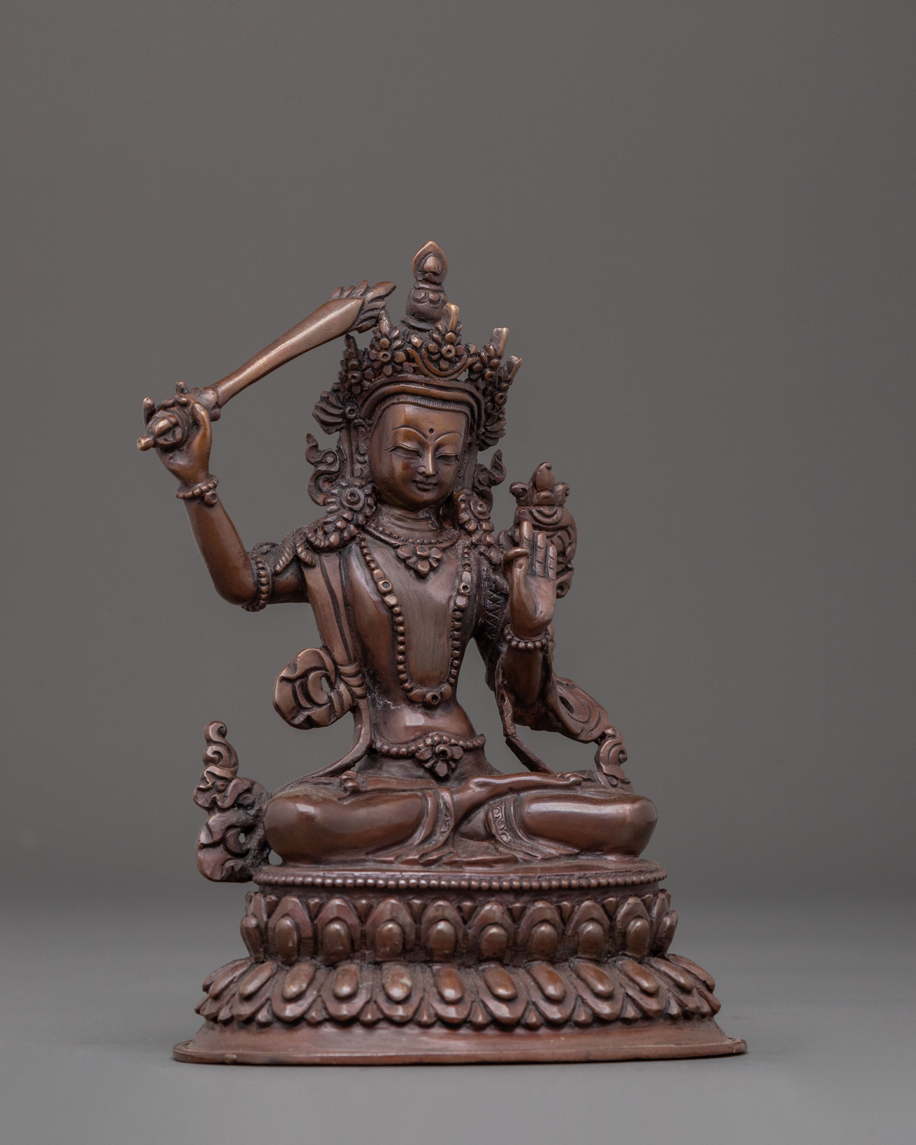 Handcrafted Manjushri Statue: Oxidized Copper Body