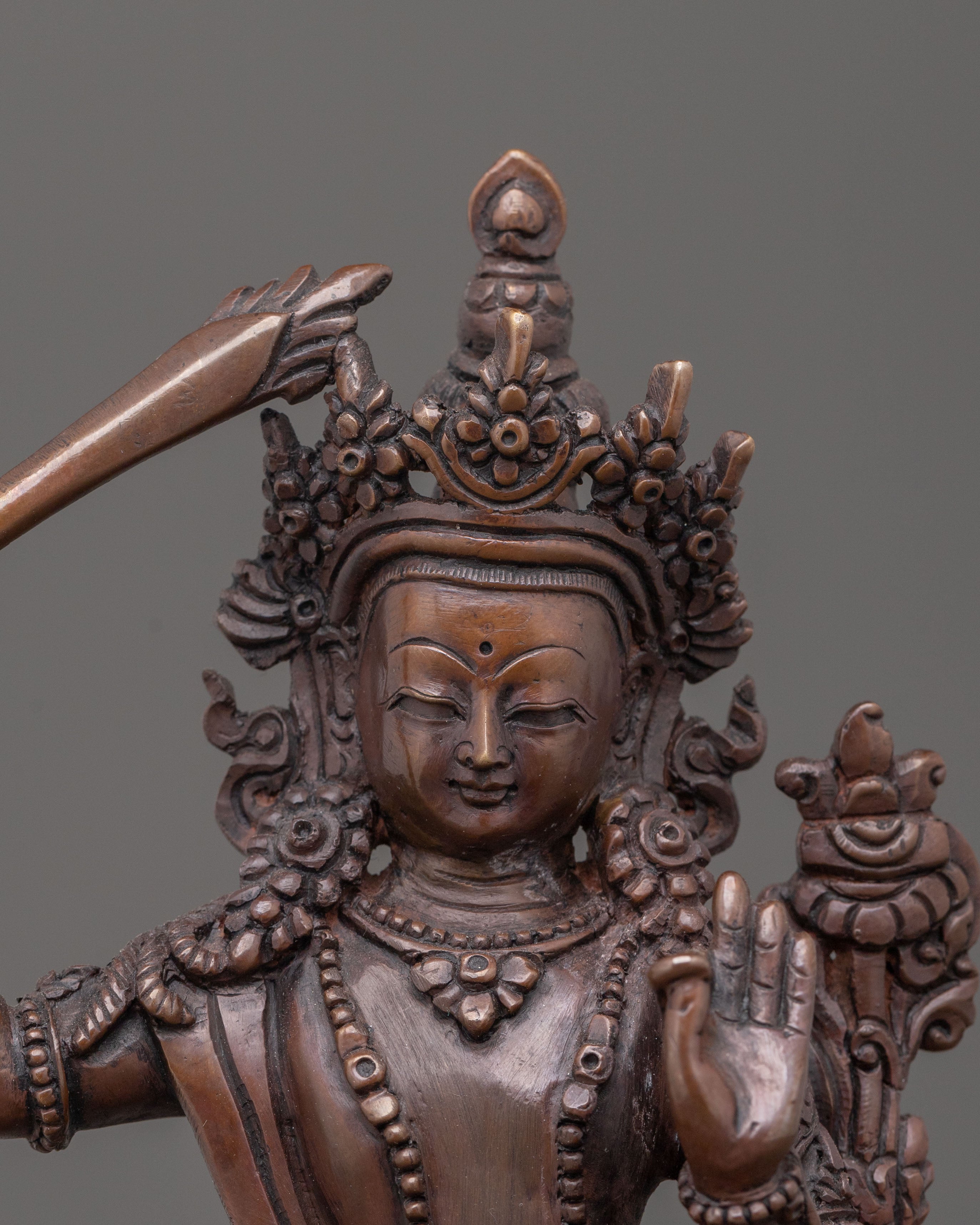 Handcrafted Manjushri Statue: Oxidized Copper Body