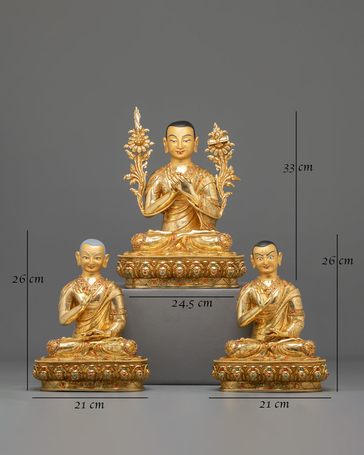 Tsongkhapa with Disciples Gelug Lineage Statue Set | 24K Gold Gilded