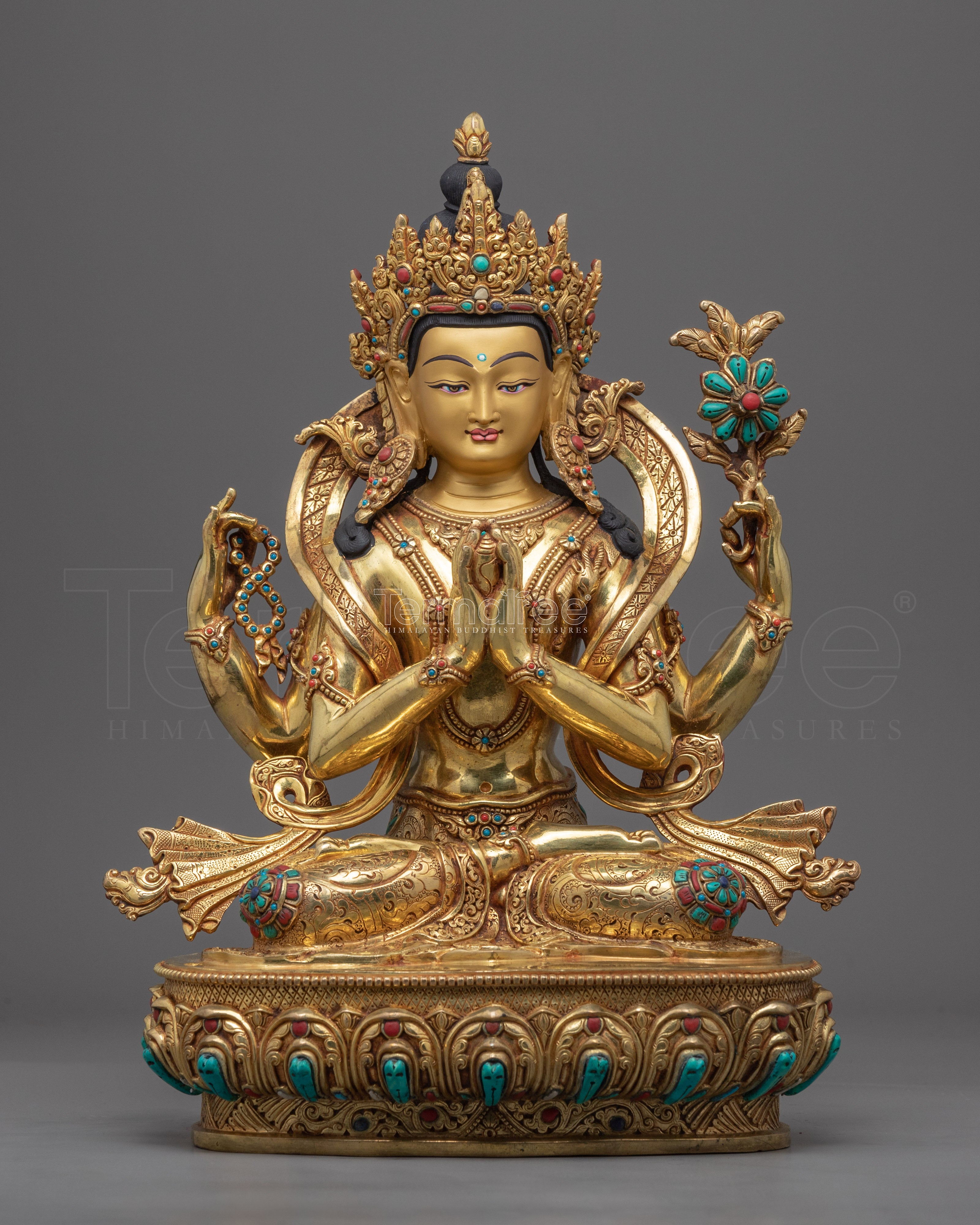4 armed Chenrezig Bodhisattva Statue | Traditional Hand Carved Buddhist Statue