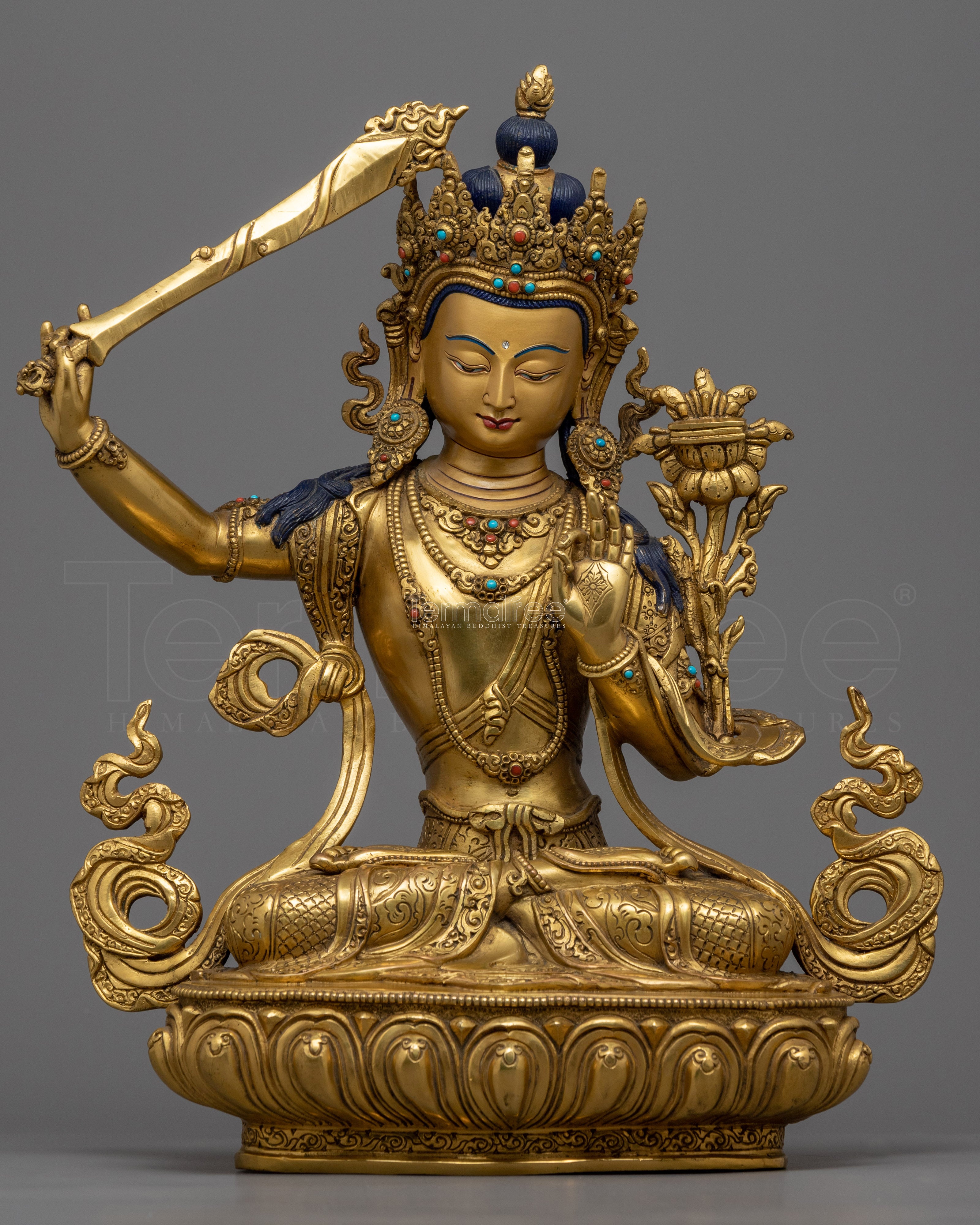 Bodhisattva Manjushri, of Wisdom Statue | Gold Gilded Buddhist Art