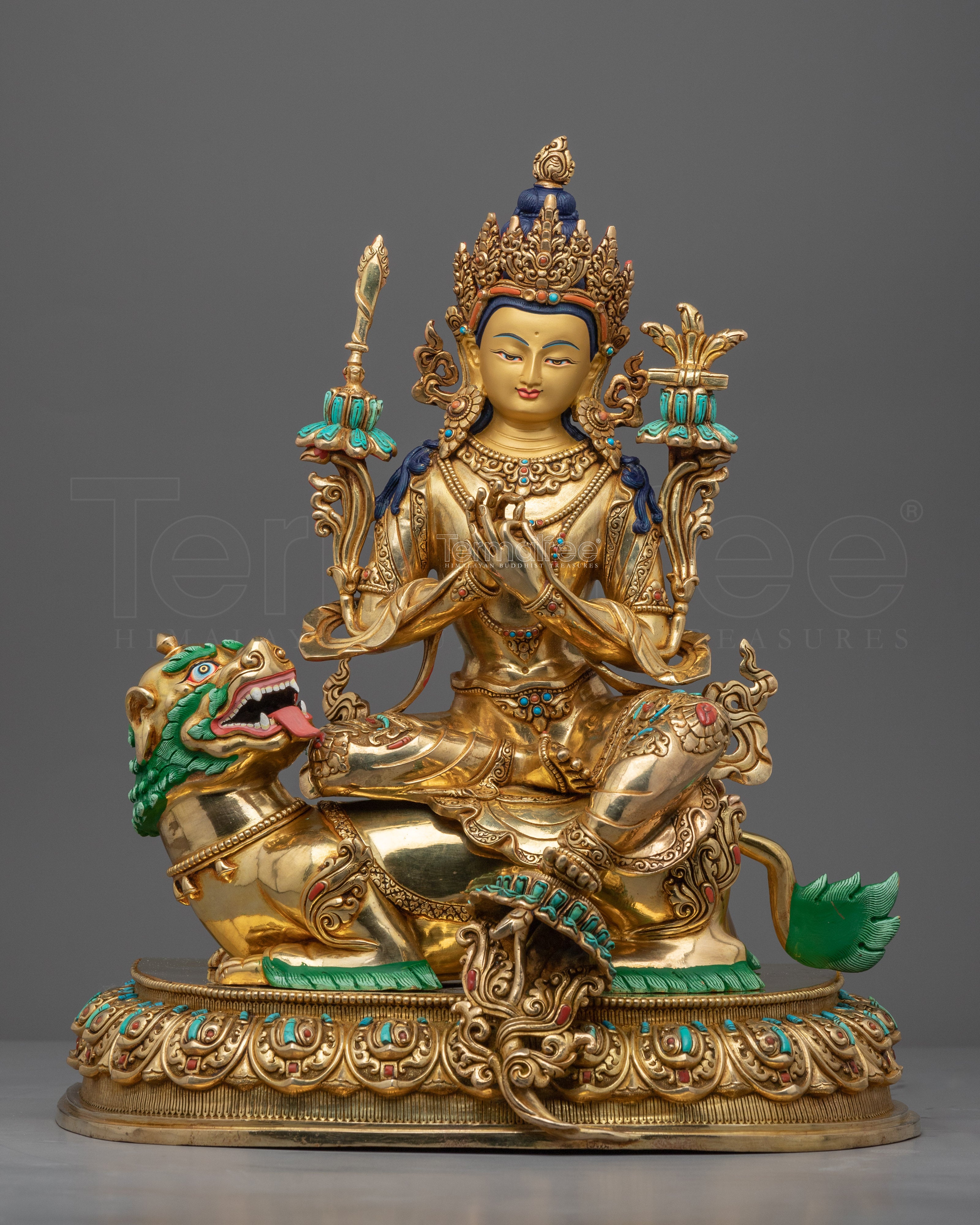 Statue of Bodhisattva Manjushri on Lion | Gold Gilded Buddhist Art