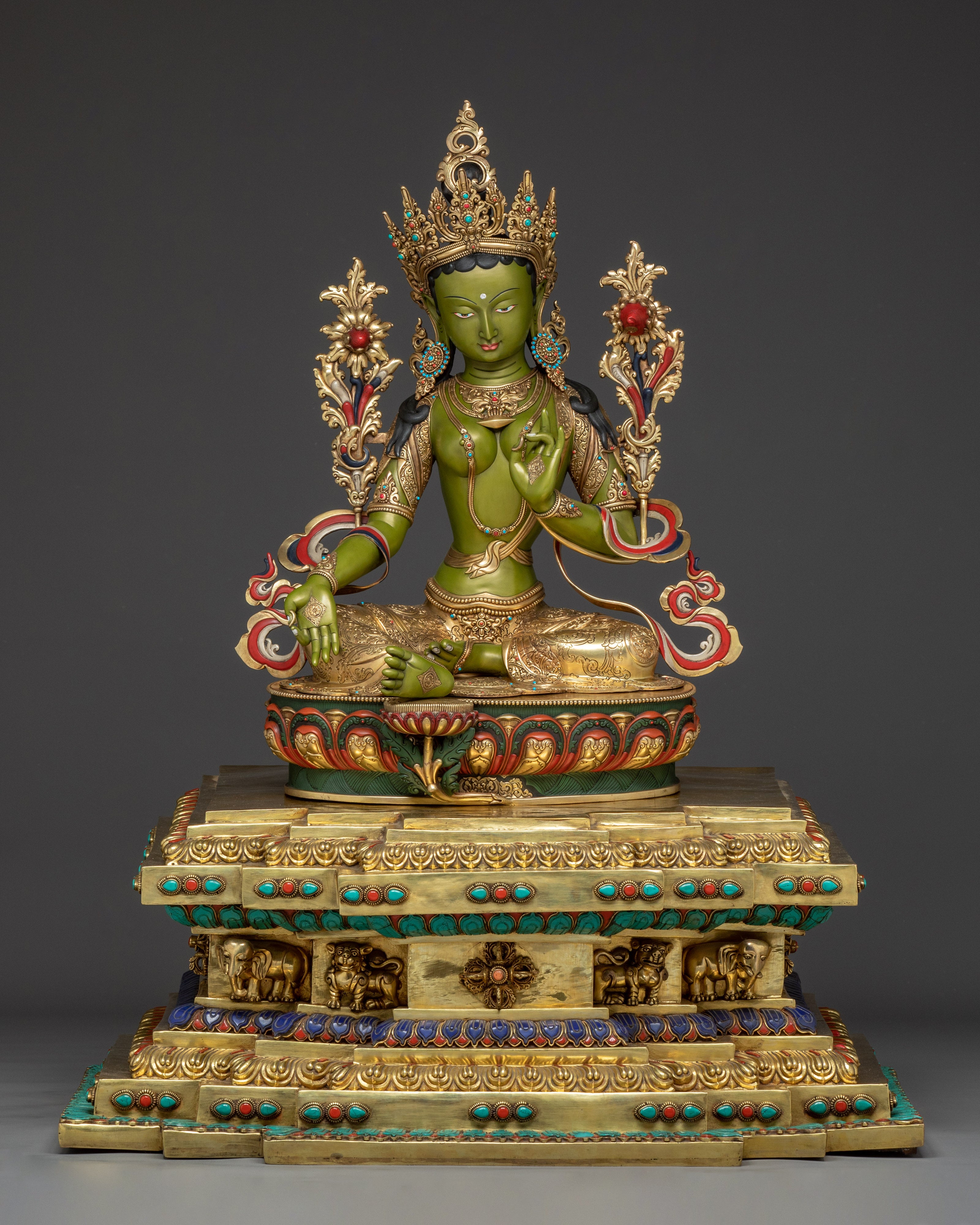 Majestic Green Tara on Throne Statue | Shyama Tara - Mother of All Buddhas